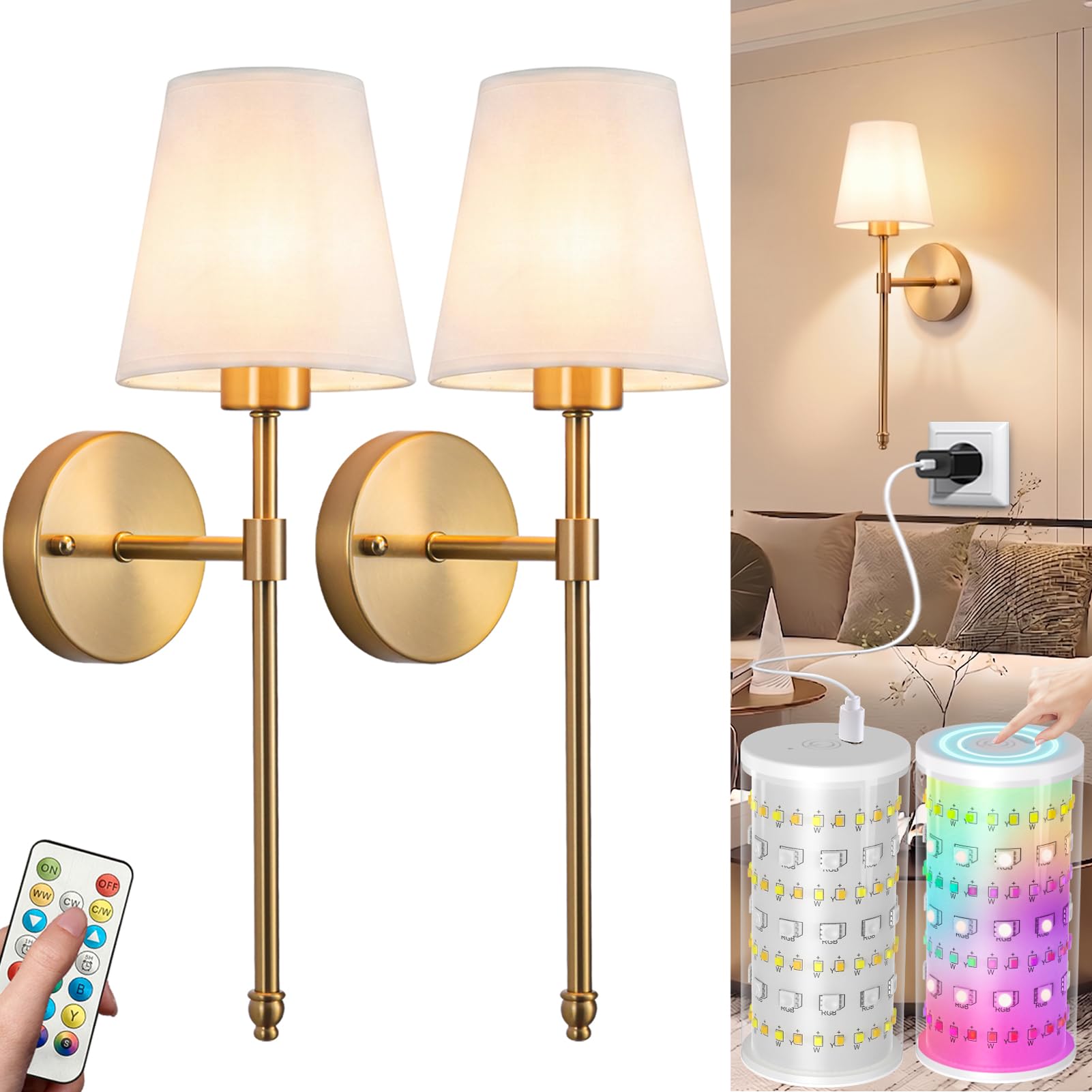 Photo 1 of HIFCTRN Battery Operated Wall Sconces, Wireless Wall Sconces Set of Two with 10000 mAh Battery Bulb & Remote, 10 Colors Rechargeable Wall Lamp for Bedroom Living Room Hallway Wall Decor