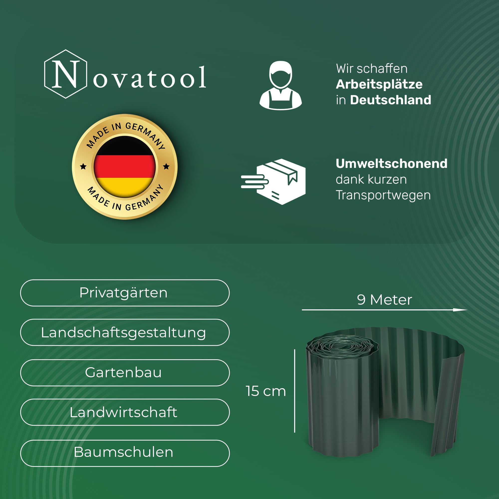 Novatool Borde de Plástico para Césped, 15 cm de Alto, 3 x 9 m, Verde - Borde Cortado para Jardín y Arriates, Protección y Barrera para Raíces