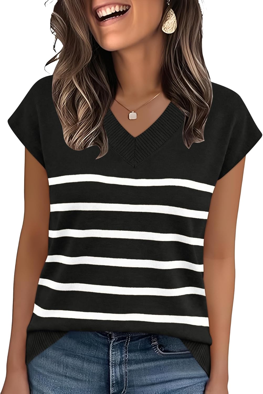 Rapbin Womens Summer V Neck Cap Sleeve Sweaters Knit Lightweight Casual Pullover Tops