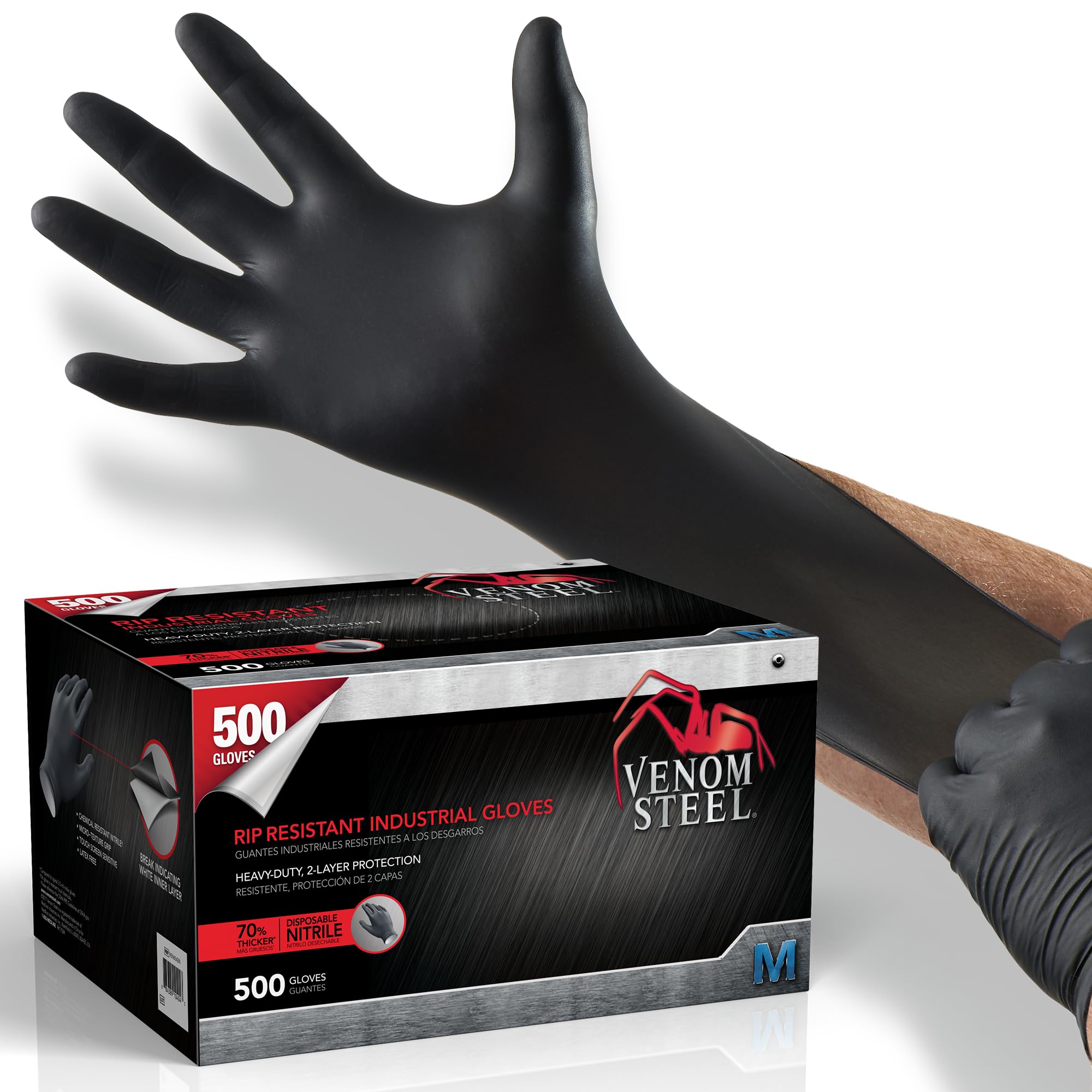 Venom Steel Industrial Nitrile Gloves, Chemical Resistant Disposable Black Gloves, Latex-Free, Powder-Free, Textured Grip, Heavy Duty Two-Layer Protection, 6 mil, Medium (Pack of 500)