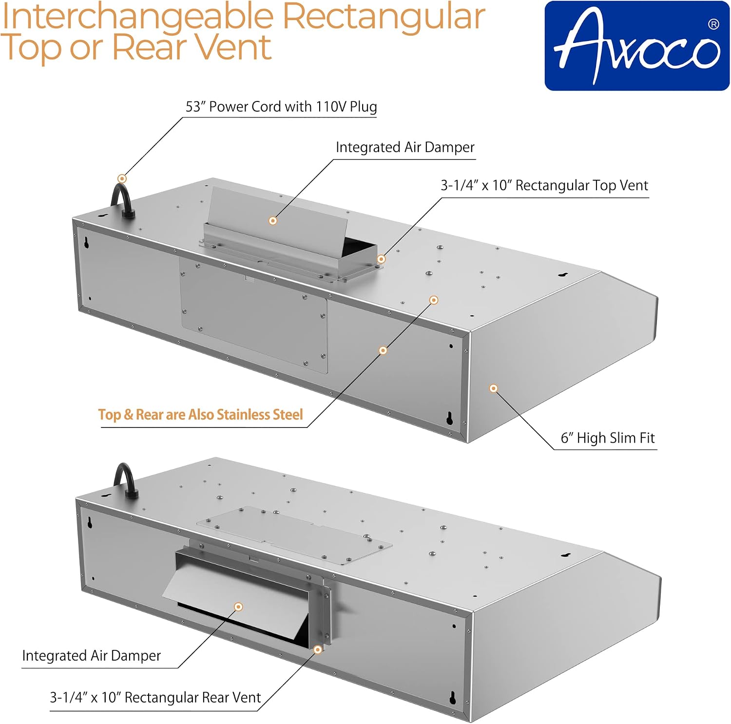 Awoco RH-R06-36 Rectangle Vent 6" High Stainless Steel Under Cabinet 4 Speeds 900CFM Range Hood with LED Lights (36"W Rectangle Vent)