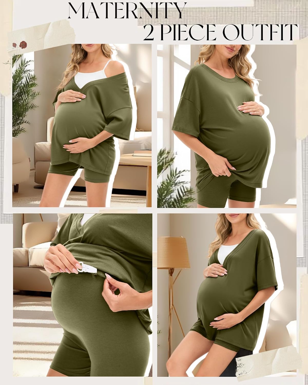 Women's 2 Piece Maternity Oversized Set, Olive Green, Large