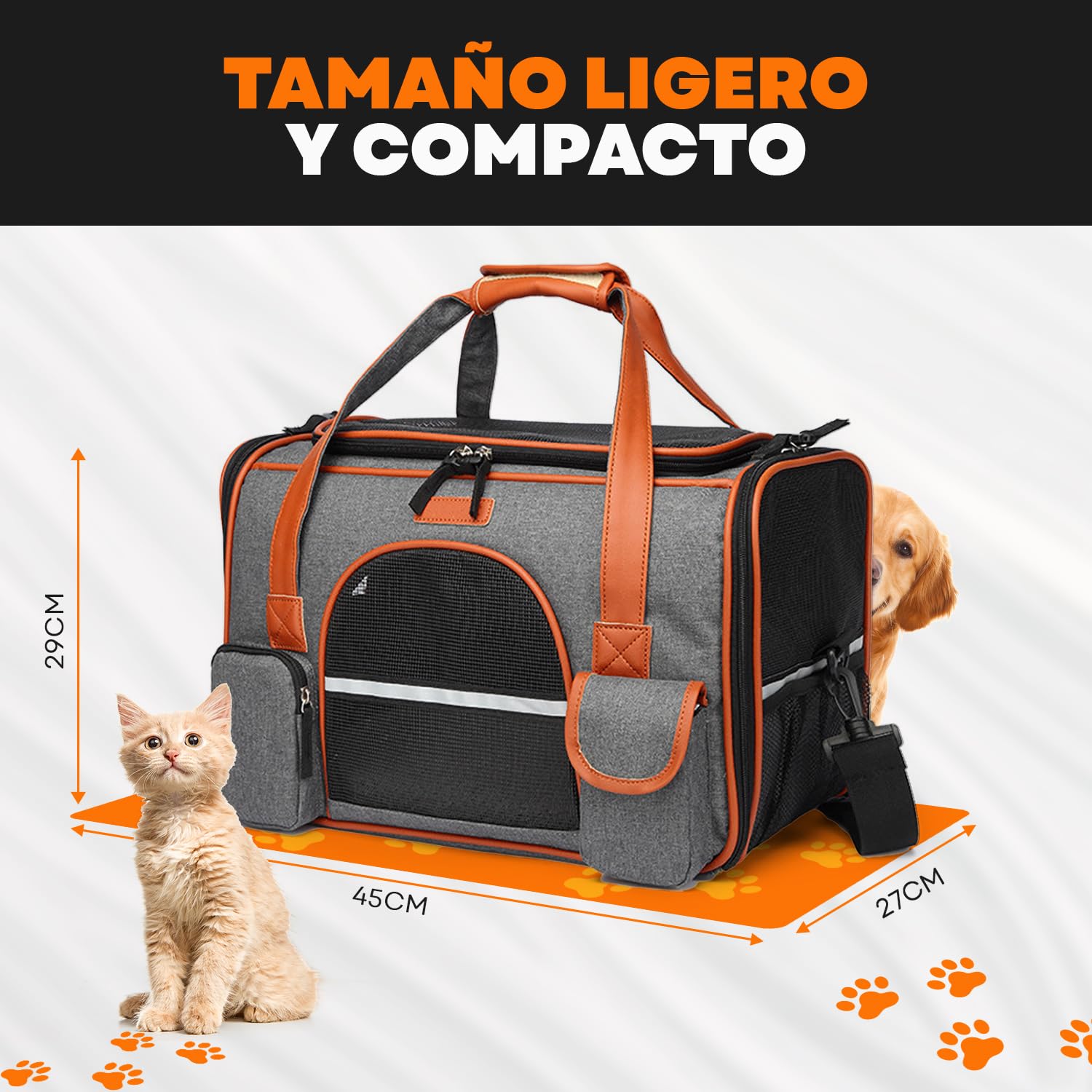 Transportin Gato, Bolsa Transporte Portátil y Transpirable para Mascotas con Colchón, Tira Reflectante, Bolsa de Transporte para Gatos con Correa de Hombro Ajustable, Aerolínea Aprobado