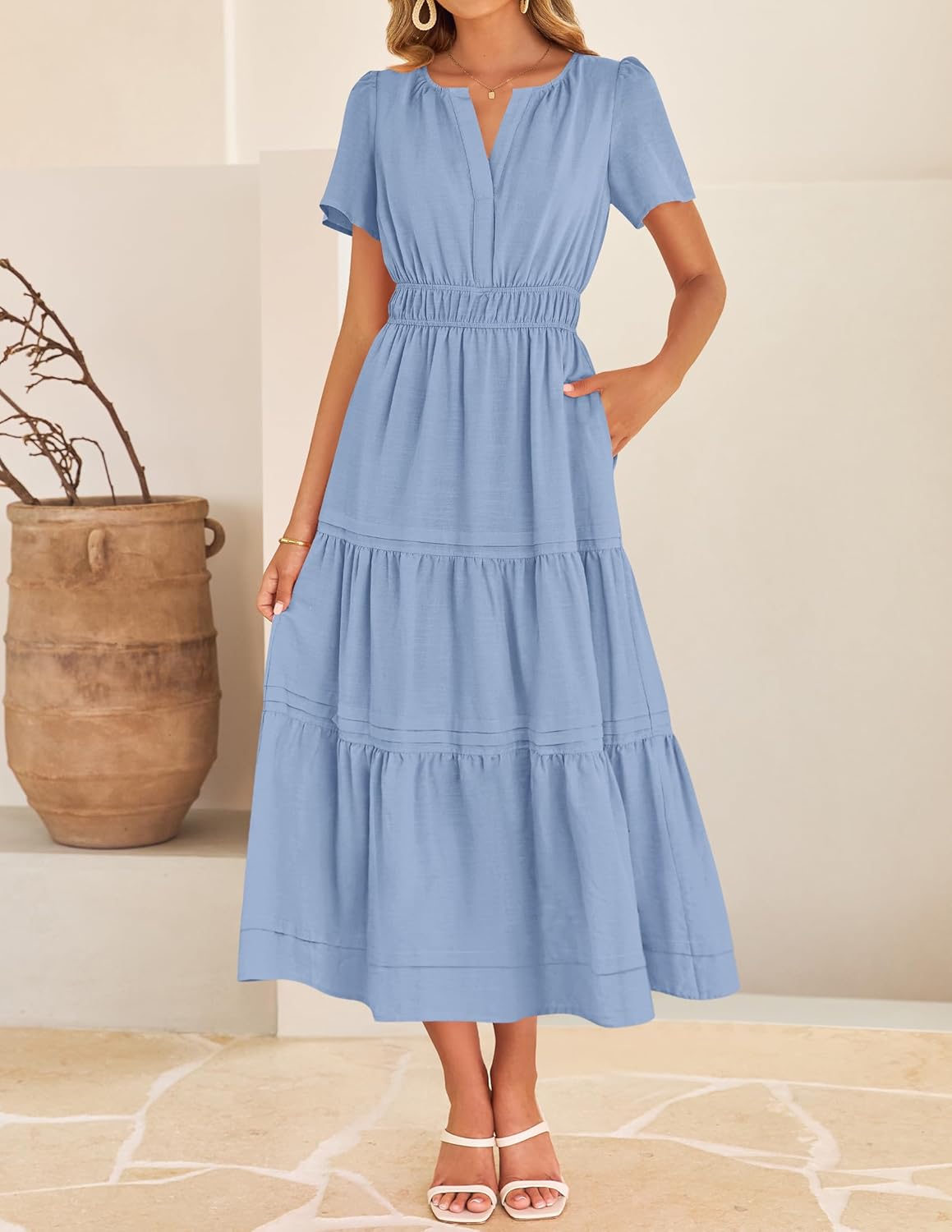 ZESICA Women's Summer Casual Short Sleeve Midi Dresses 2026 V Neck Elastic Waist Tiered Flowy Boho Dress with Pocket - Image 3