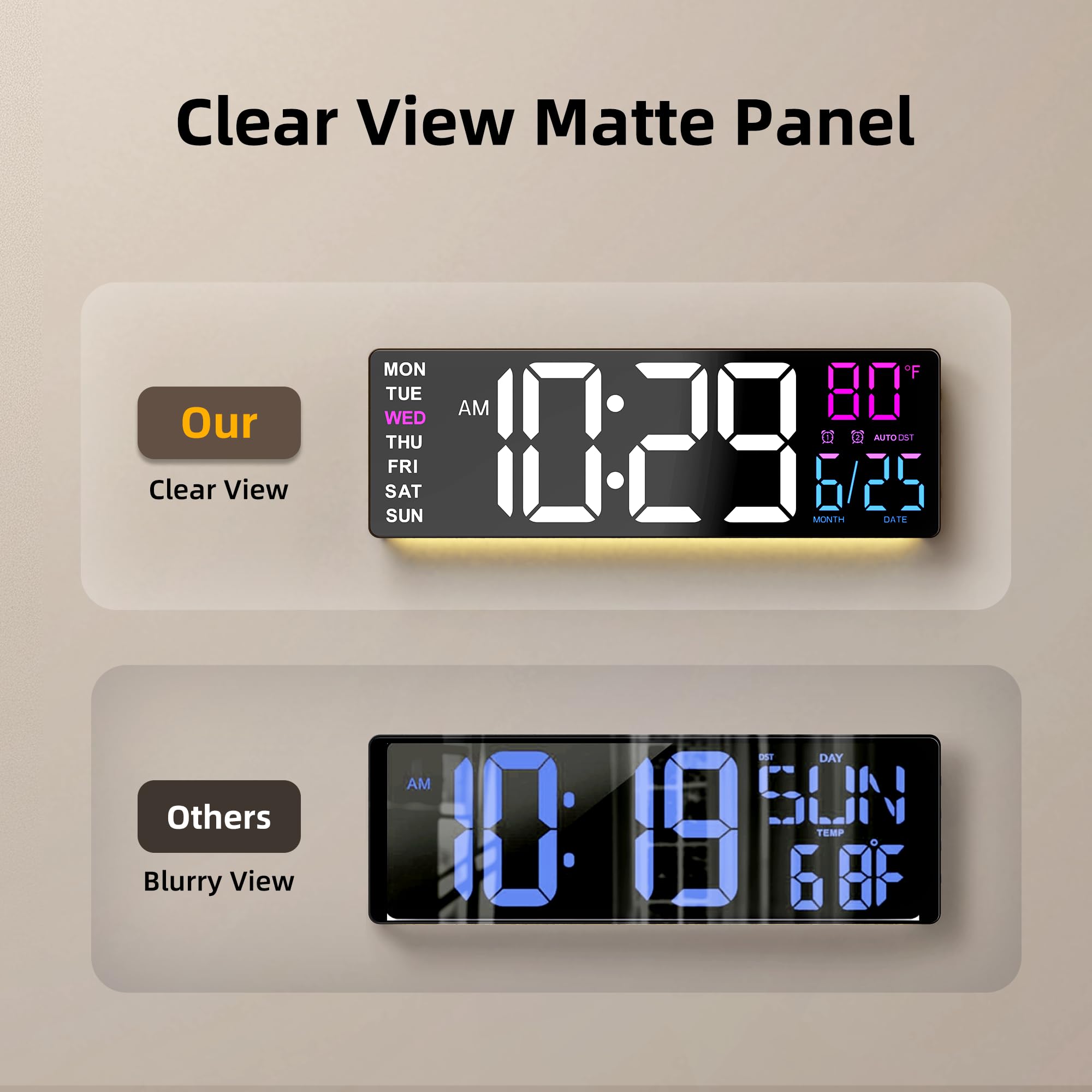 EASYERA Grande horloge murale numérique de 41,9 cm avec écran anti-reflets, lumières RVB avec télécommande 10 scènes, luminosité réglable, double alarme, DST automatique, synchronisation BT