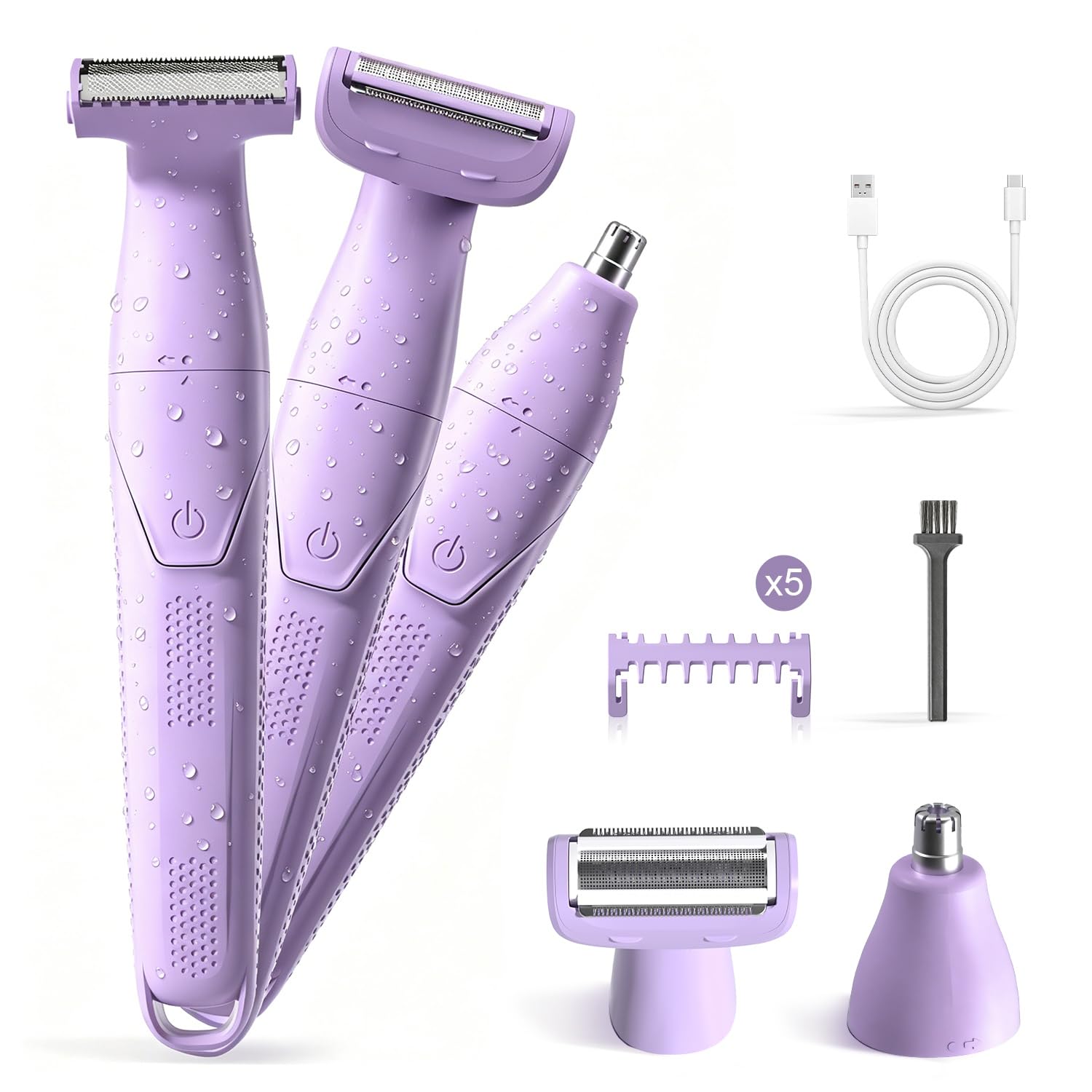 Bikini Trimmer for Women, 3-in-1 Painless Womens Electric Razors & Pubic Hair Trimmer, Waterproof Womens Shaver with Ceramic Blades, USB Rechargeable Lady Groomer for Legs Underarm Face,Pink Lavender