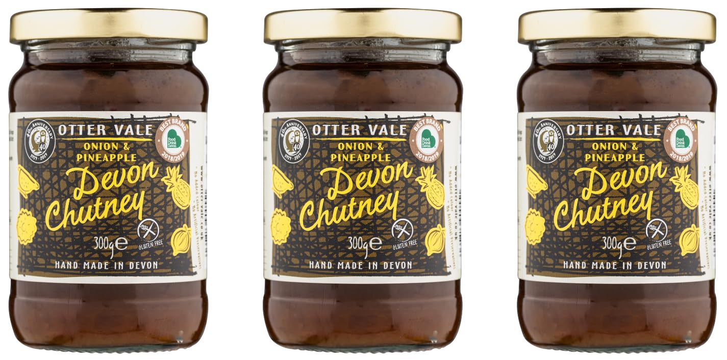 Otter Vale - Devon Onion & Pineapple Chutney, sweet and tangy mix of onion and marmalade, hand-made in Devon, gluten-free, 300g glass jar x 3