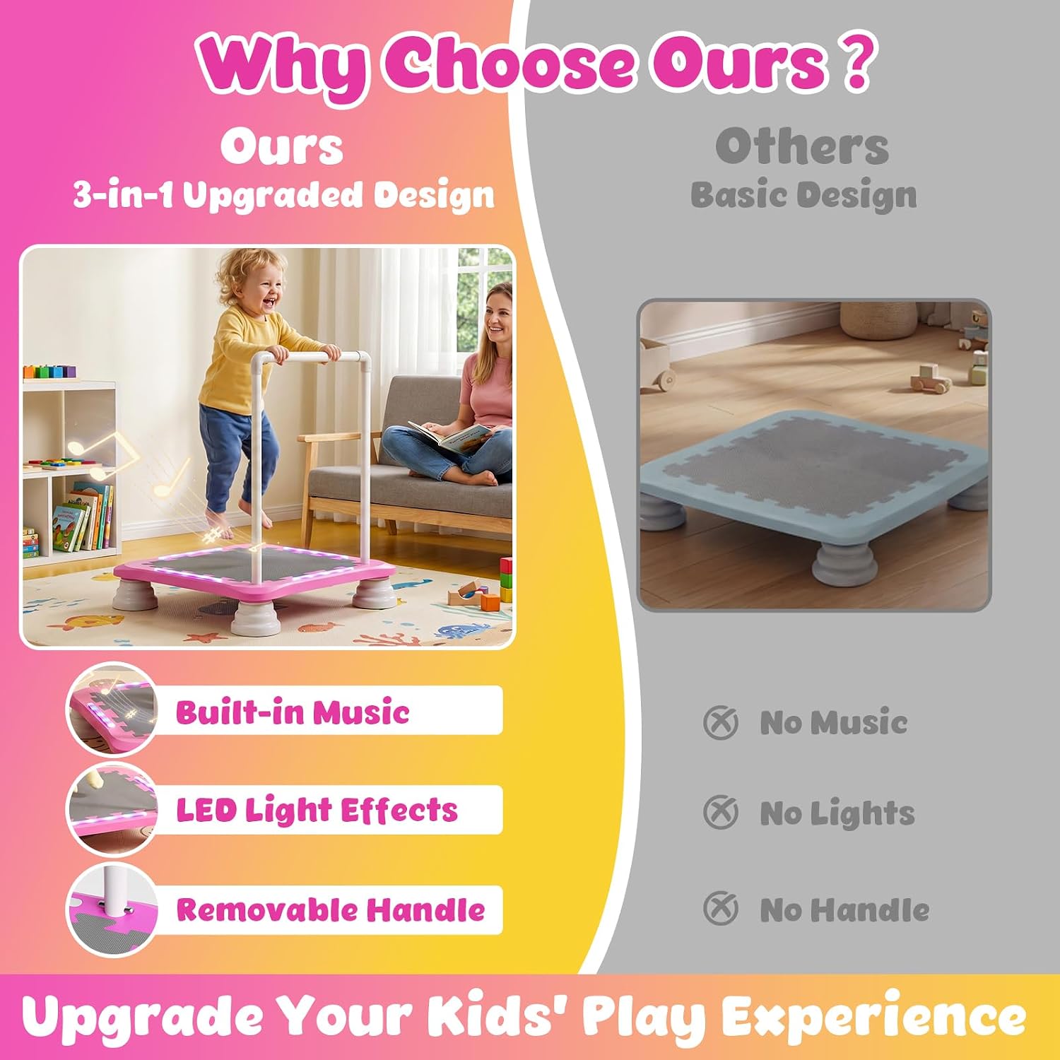 3-in-1 Mini Trampoline for Kids with Music & Lights, Indoor Outdoor Bounce Board, Removable Safety Handle, Sensory Balance Trainer, Non-Slip Base, Ages 3-12, Max 220 lbs