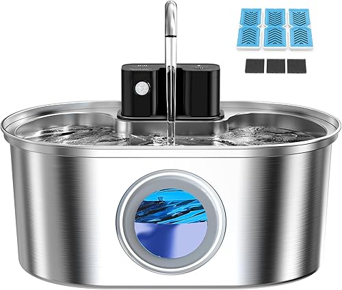 Miniatura 10 de Fuente de agua para gatos de acero inoxidable de 108 oz/3.2L: fuentes inalámbricas para gatos que funcionan con pilas para beber en interiores