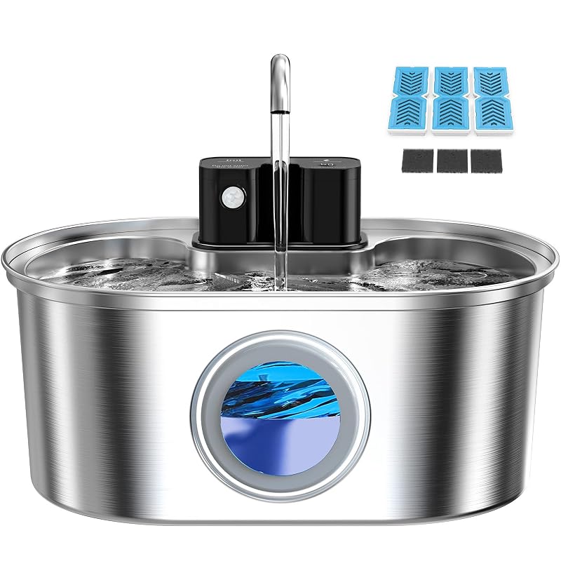 Fonte de água para gatos em aço inoxidável PEKTACO sem fio, 3,2 L com 3 filtros