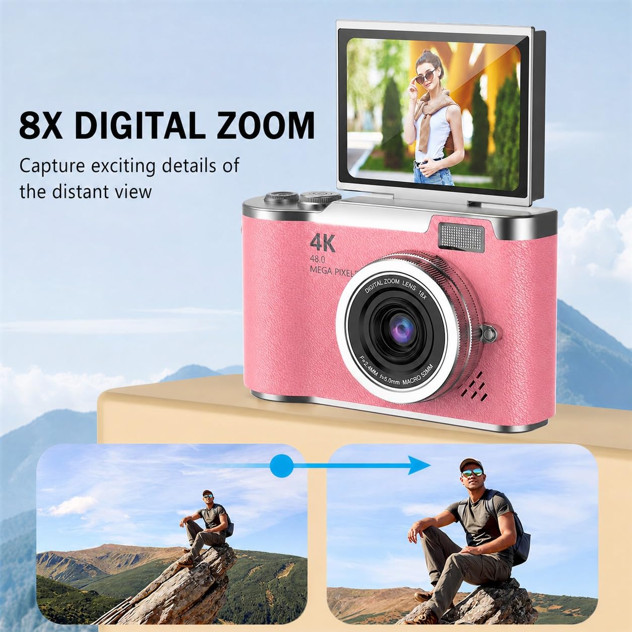 Digital Camera, 1080P Digital Camera with 2.4in Flip HD Display Screen, 18X Zoom Anti Shake Point and Shoot for Beginners (Dustypink) — Amazon image 2