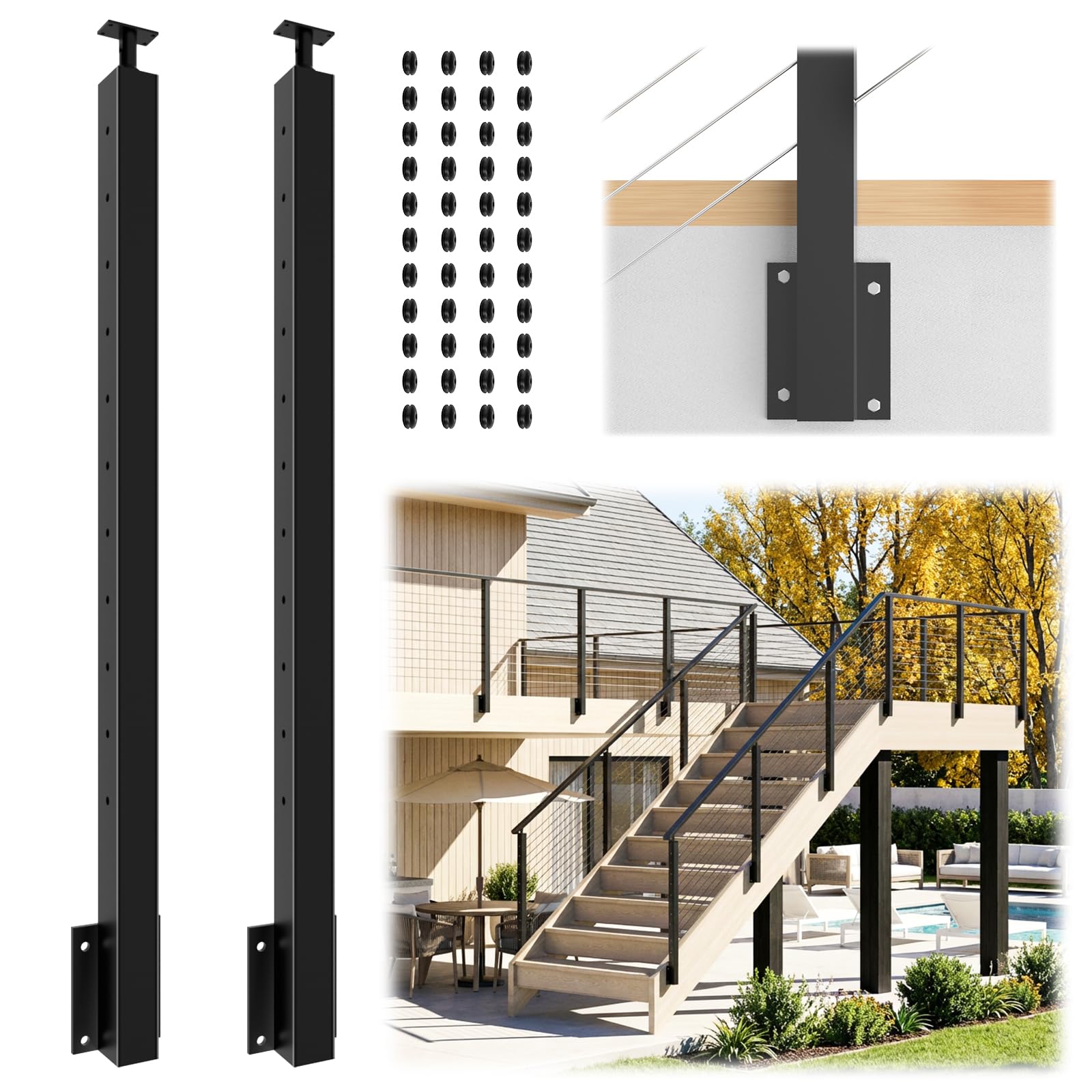 Gyykzz 2 Pack Side Mount Stair Cable Railing Post 36" (Post Body 44"), Right Side Space-Saving Fascia Mount Deck Post for 36"-38" Stair Railing, Black