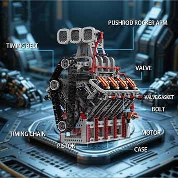 DiyXenginey V8 Engine Building Kit - Build Your Own OHV 4-Stroke Mechanical Supercharger V8 Engine for Adults - 2106 Pieces | 独自のOHV 4ストロークメカニカルスーパーチャージャーV8エンジンを組み立ててください。大人用。MOCカーエンジンレプリカモデルビルディング。2106ピース。
