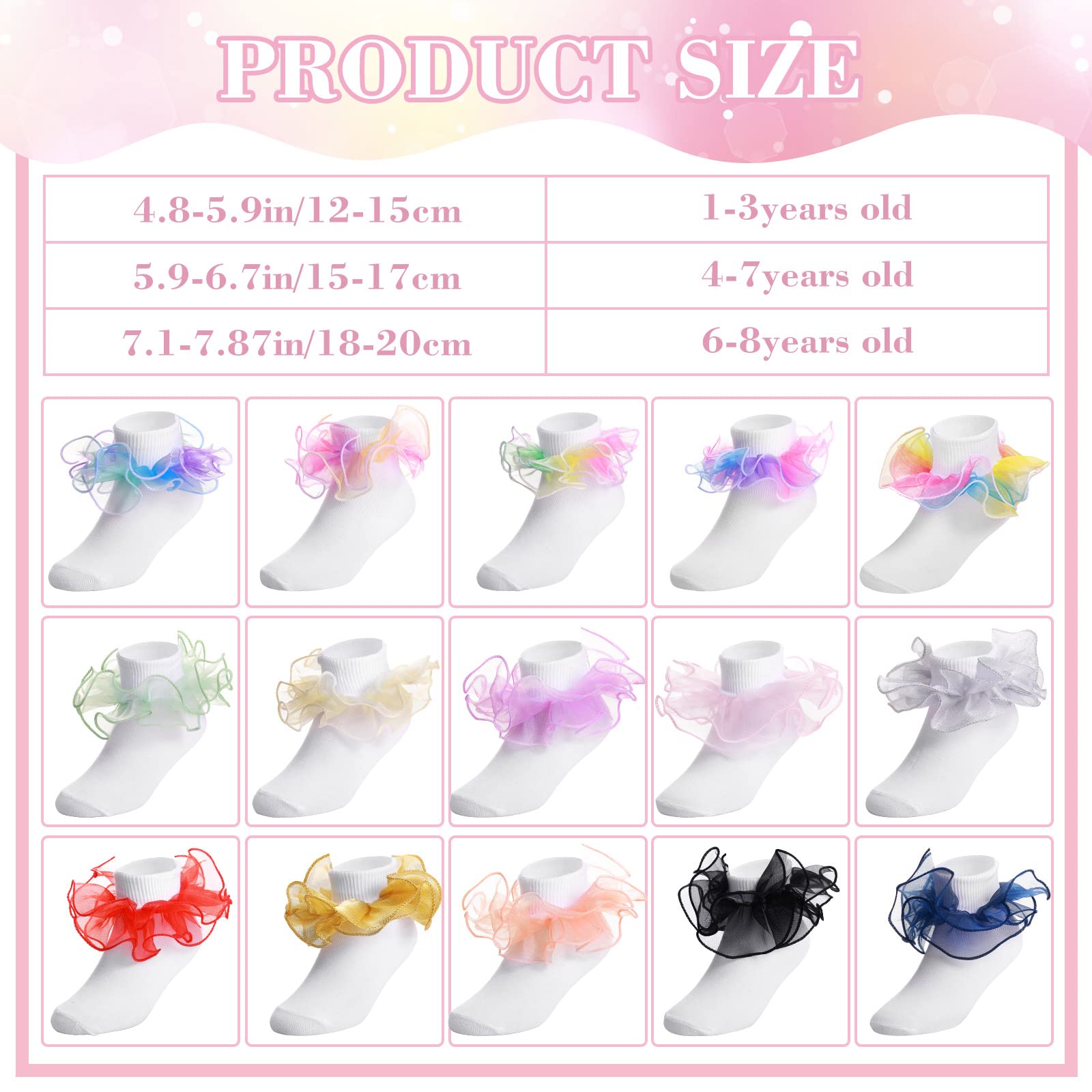 15 pares de calcetines con volantes para niñas pequeñas, calcetines de doble encaje a granel, puños grandes con volantes para bebés y niños pequeños