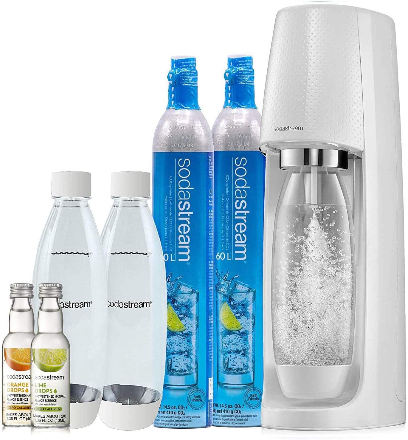 SodaStream Fizzi Sparkling Water Maker Bundle (White), with CO2, BPA free Bottles, and 0 Calorie Fruit Drops Flavors