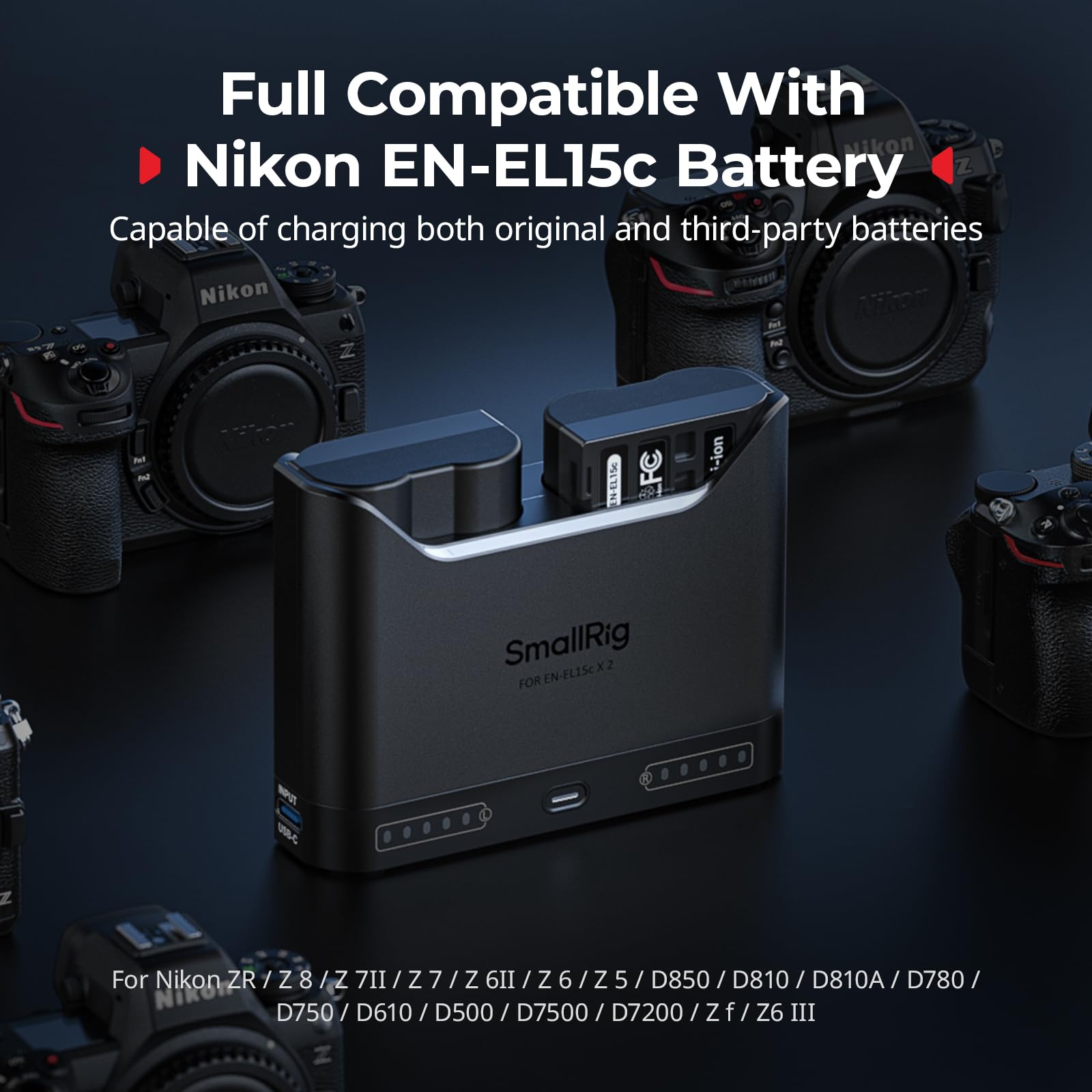 SMALLRIG Zestaw akumulatorów EN-EL15c do Nikon, ładowarka dwugniazdowa 22,5 W, akumulatory 1940 mAh, w pełni kompatybilny z do Nikon ZR, Z6III, Zf, Z8, Z7II, Z7, Z6II, Z6, D850, D810, D780, D750-5486