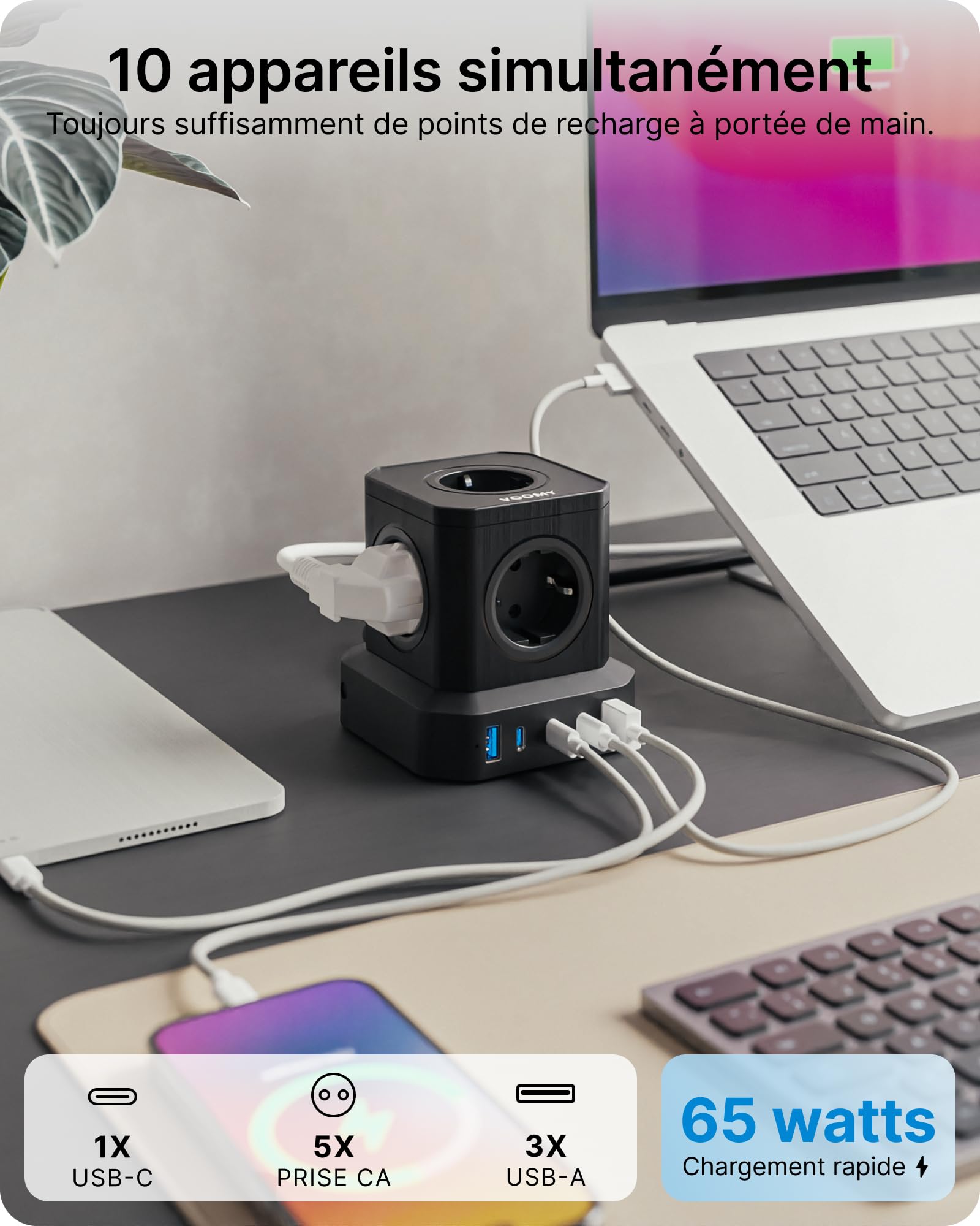 Voomy Prise USB Secteur 65W Multiple Cube, 10 en 1 Mulitpreses ET Chargeur USB Rapide 65W avec 5 Sortie AC 4000W, Bloc Porte avec 3 USB C ET 2 Ports USB, Prise Electrique Idéal pour Bureau, Noir