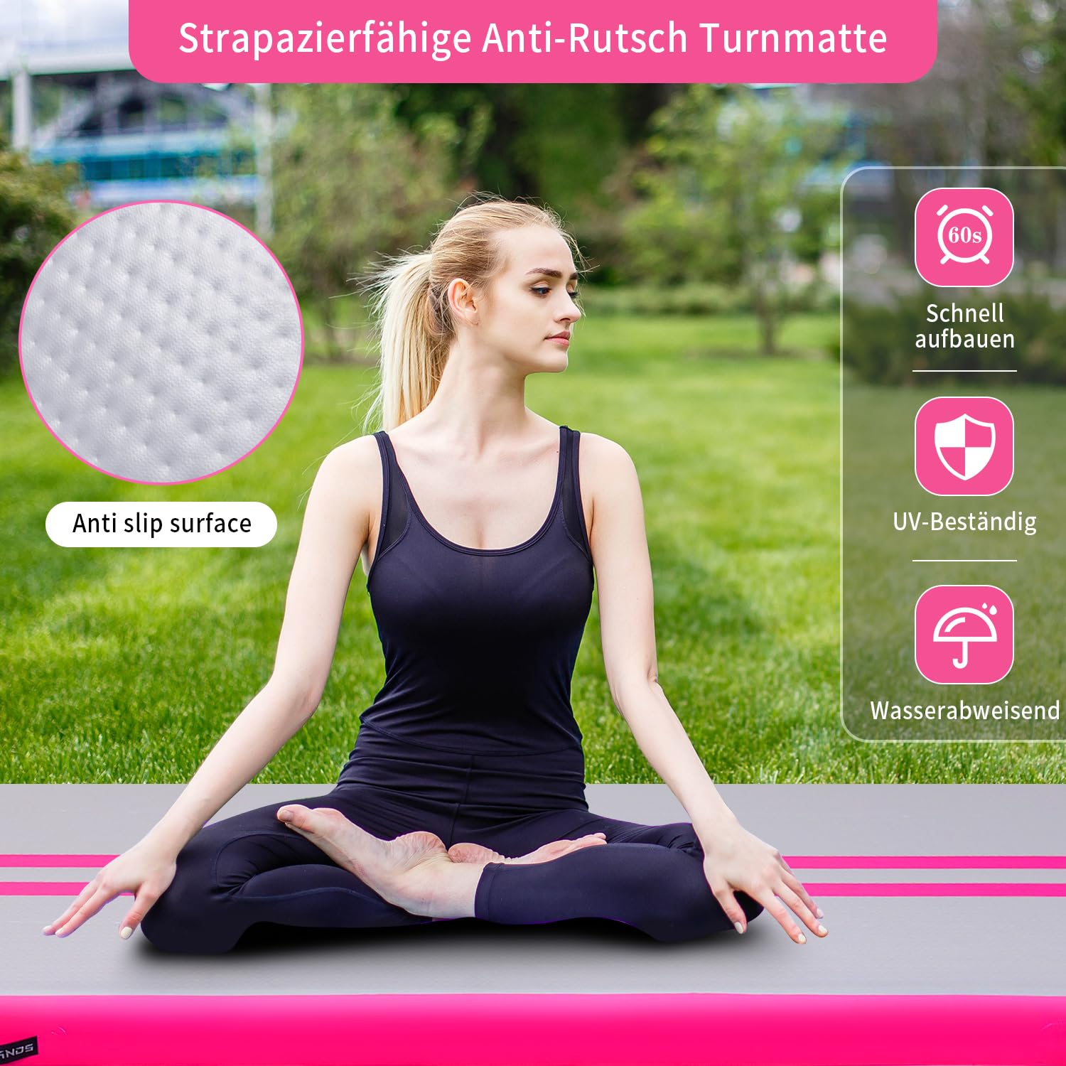 Tappetino da ginnastica gonfiabile, 3 m/4 m/5 m, con pompa ad aria, altezza 10 cm, per yoga, altalene, allenamento