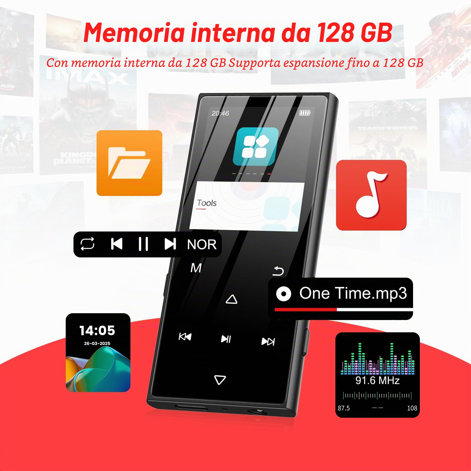 Lettore MP3 da 128 GB con Bluetooth 5.3 e touchscreen da 1,8 pollici, musica hi-fi, lettore MP3 per bambini con altoparlante, radio FM, funzione e-book, funzione di registrazione (Nero)