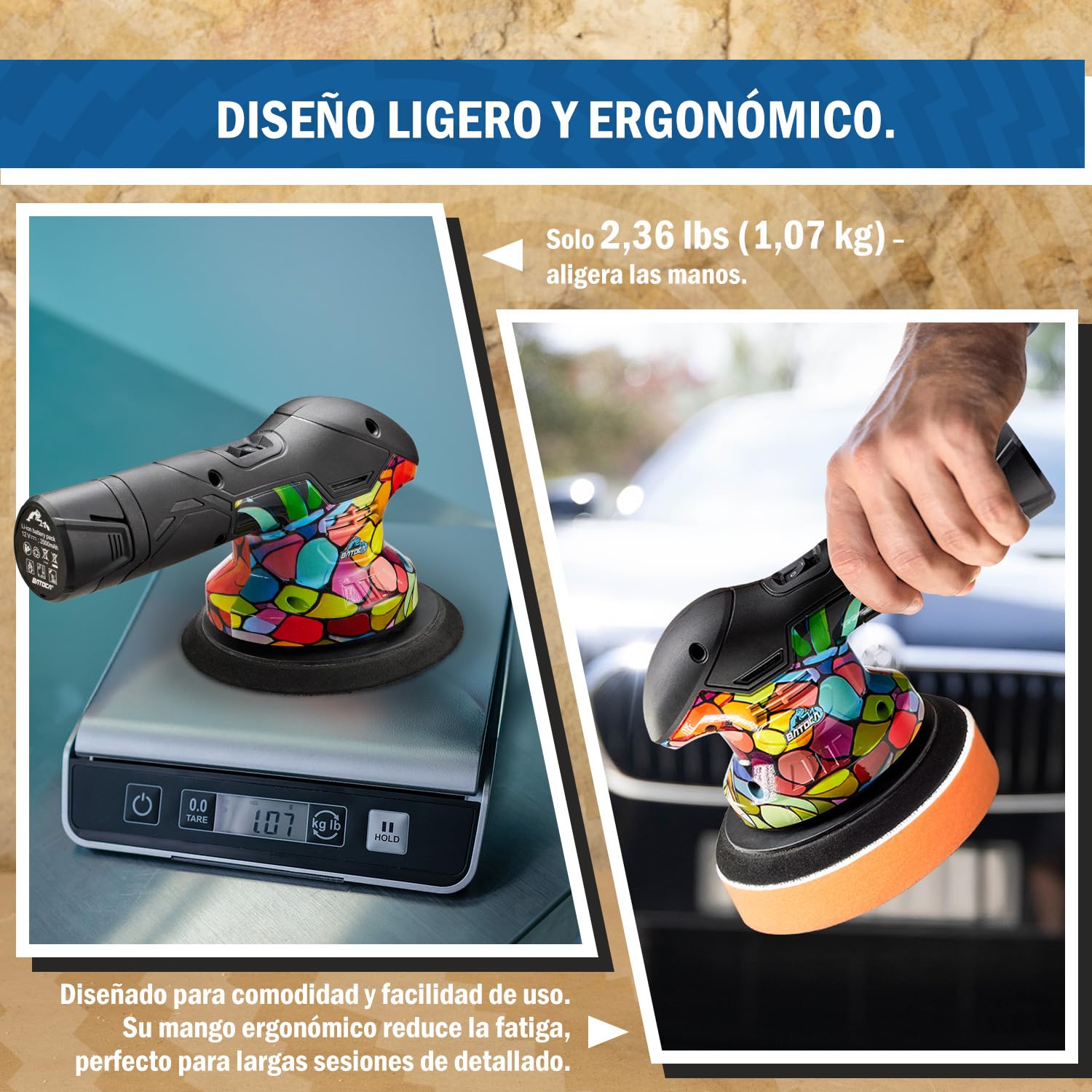 BATOCA S3 Pulidora Batería Compacta Mejorado,12V Pulidor para Coche 5mm Orbital, 2500-5000 RPM,2 2.0A Baterías Set de Pulido, Lijadora Multiusos,Portátil Buffer,Lustrador, Abrillantador,Encerado