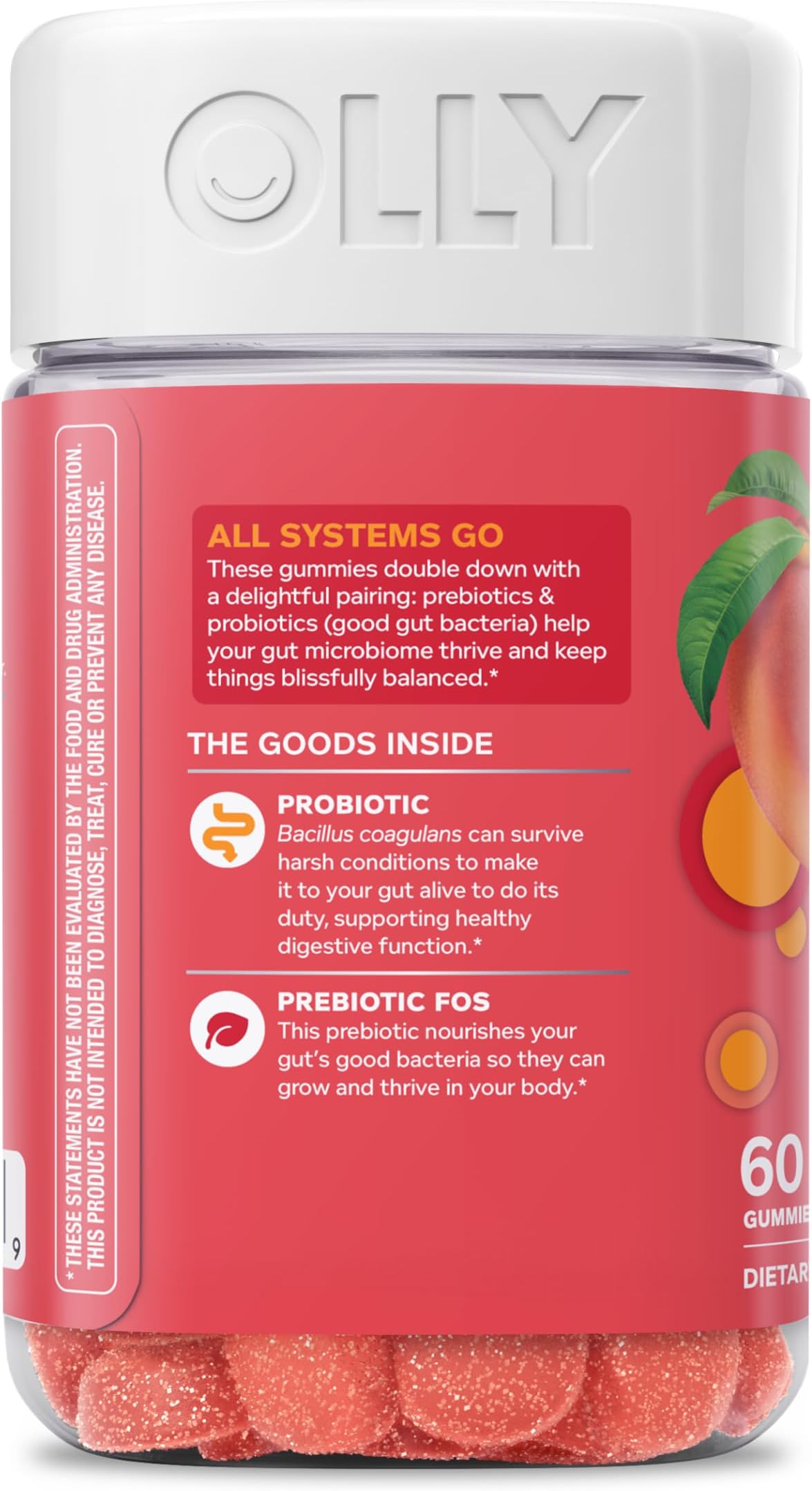 OLLY Probiotic + Prebiotic Gummy, Digestive Support and Gut Health, 500 Million CFUs, Fiber, Adult Chewable Supplement for Men and Women, Peach, 30 Day Supply - 60 Count