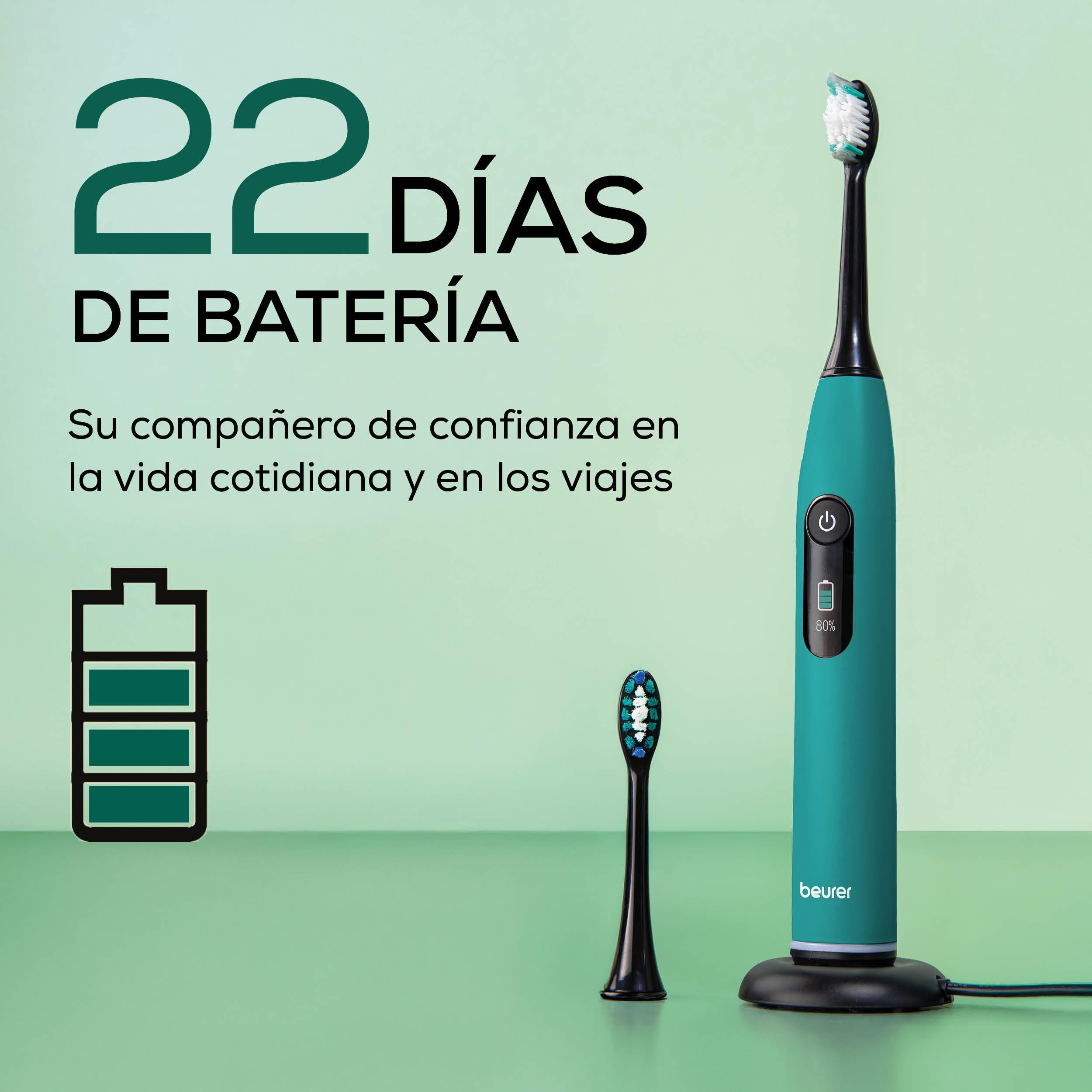 Beurer SC 50 Ocean Breeze Cepillo de dientes sónico eléctrico, 5 modos de cepillado y sensor de presión, 80.000 vibraciones, pantalla con indicador de tiempo de cepillado, 2 cabezales de recambio