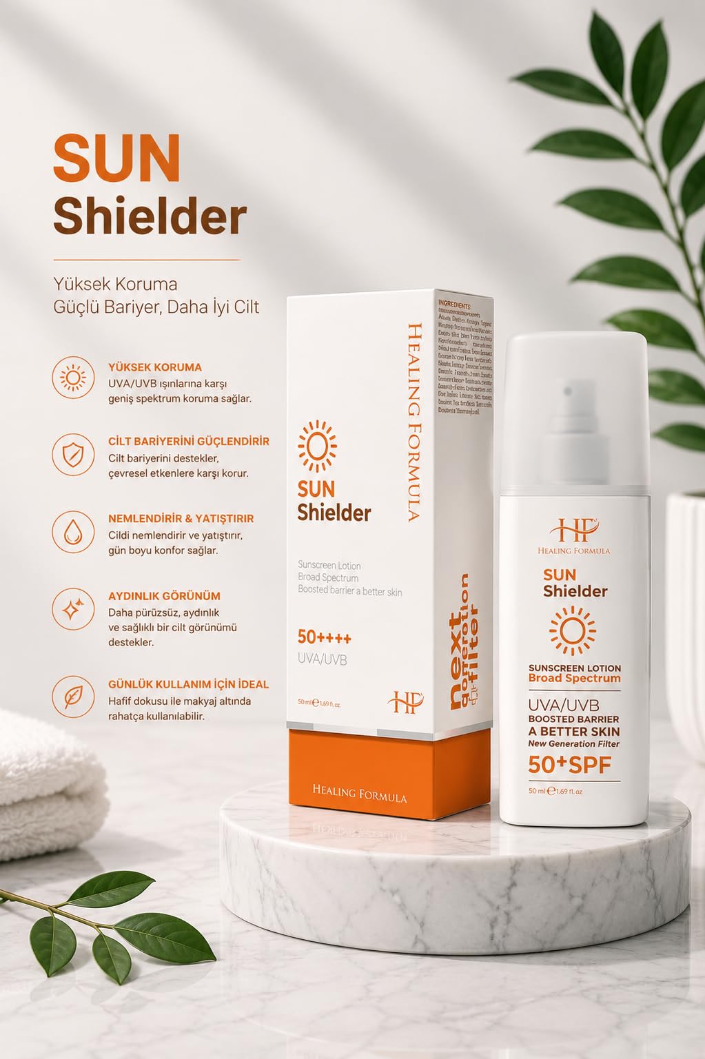 HF Healing Formula Sun Shielder SPF50+ Güneş Kremi, UVA/UVB Korumalı, Niacinamide ve Hyaluronic Acid ile Nemlendirici, 150 ml