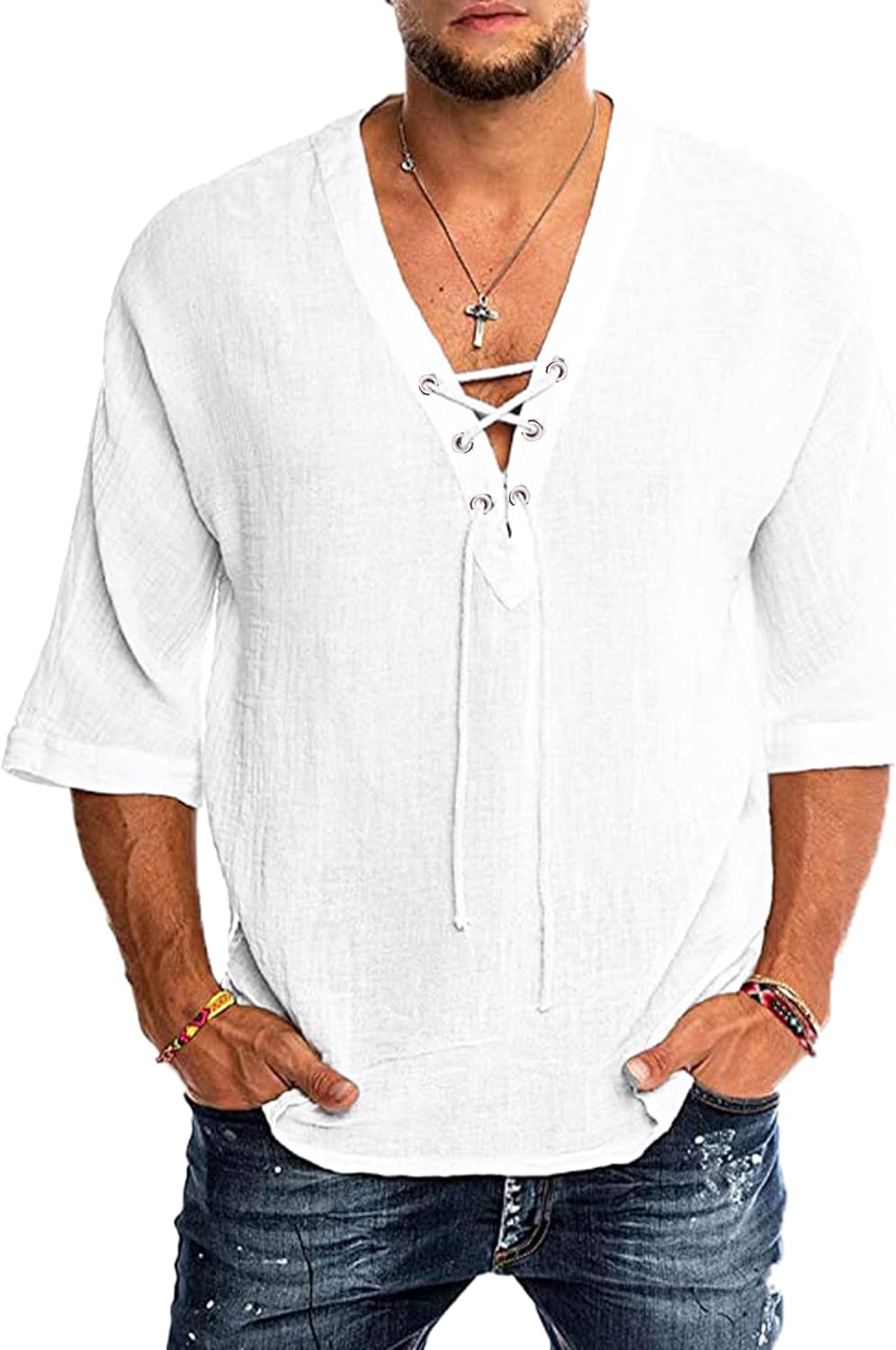 YAOBAOLE Men's Medieval Retro Lace-Up V-Neck T-Shirts Cotton