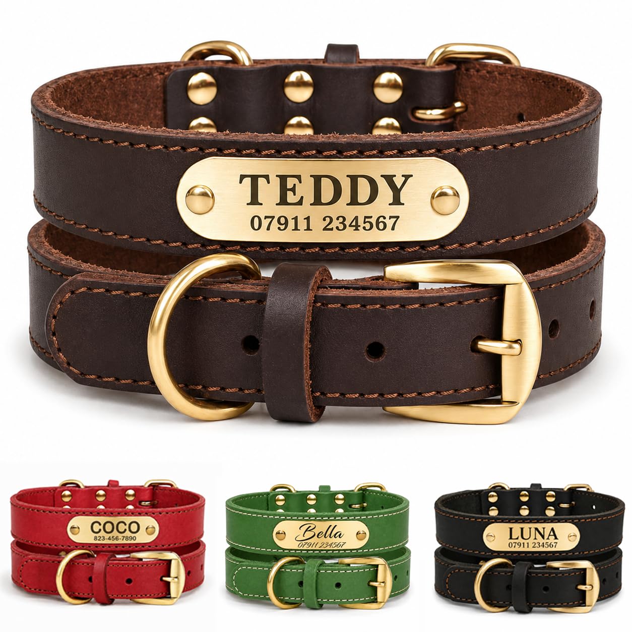Personalised Genuine Leather Dog Collar with Deep Engraved Name Plate, Custom Pet ID Collar for Cats Small Medium Large Dogs, Name Phone Postcode,Adjustable 6 Sizes 4 Colours, Gift, UK Dispatch