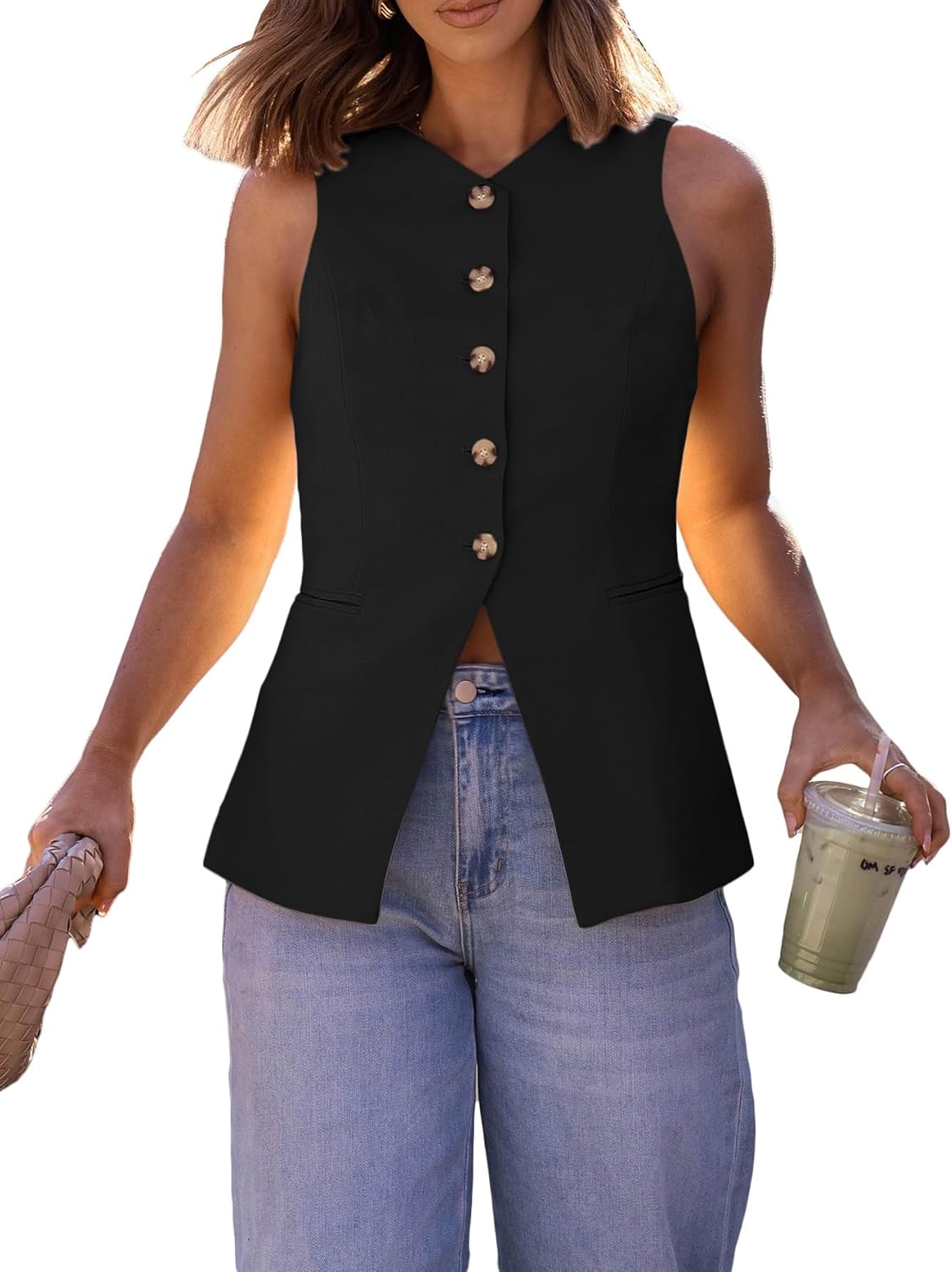 Mina Self 2025 Womens Summer Sleeveless Blazer Vest Lightweight Button Down V-Neck Casual Fashion Work Jacket Pockets - Image 2