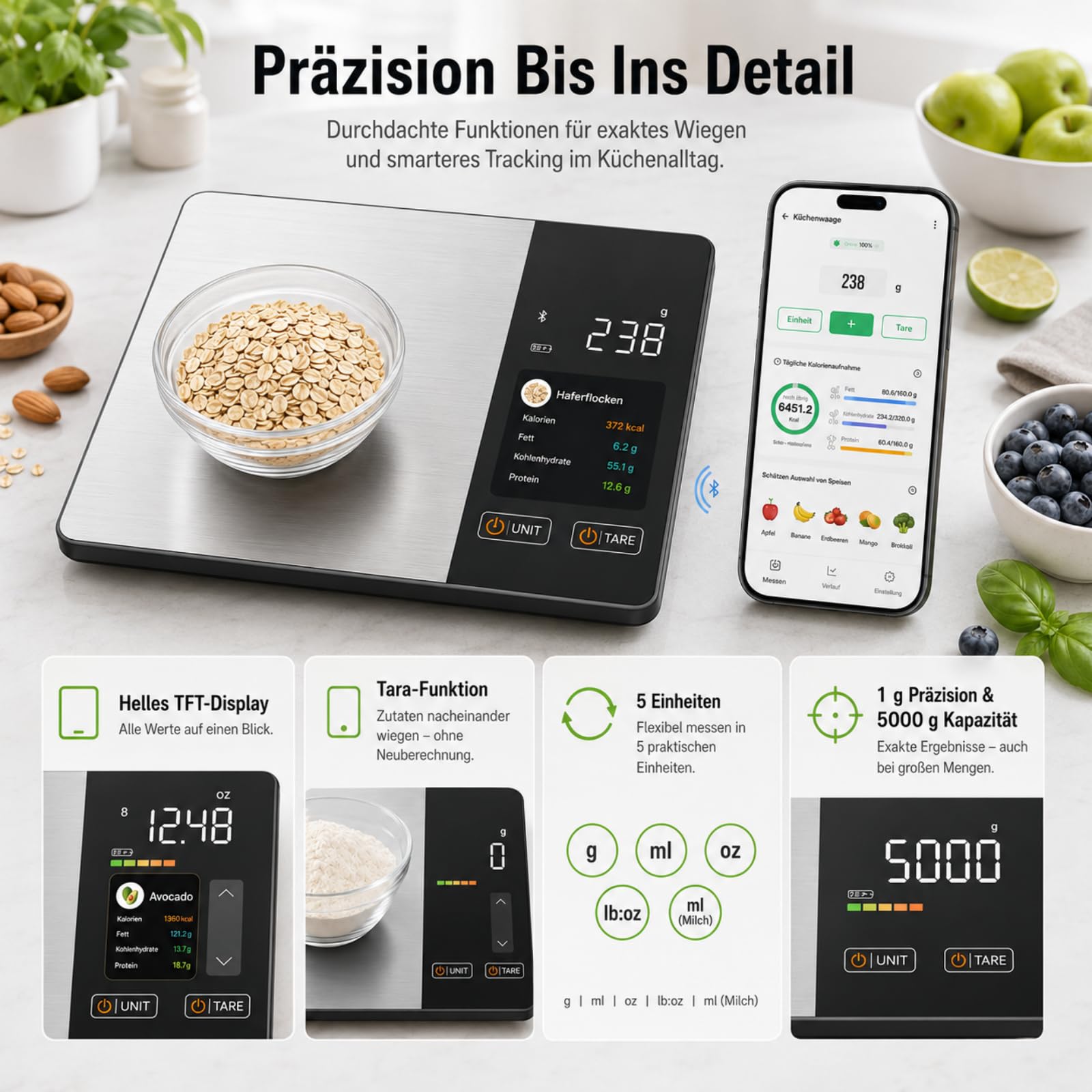 Smartvita Küchenwaage Kalorienwaage, Kompakte Küchenwaage mit Kalorienzähler Bluetooth App Für Küche Haushalt Diät