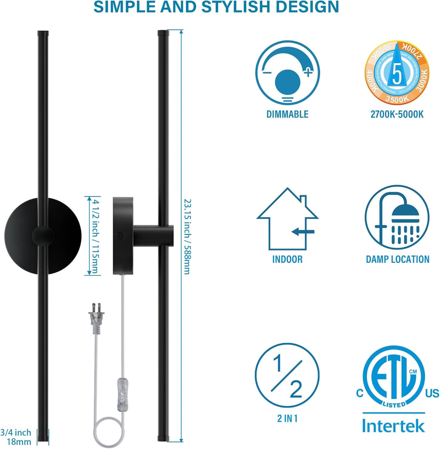 ZAGO Plug in or Hardwired Linear Wall Sconce: 24 Inch LED Indoor Modern Linear Wall Lights Set of Two with On/Off Switch, 5CCT Switchable, Matte Black, Dimmable for Living Room, Bedroom, Hallway