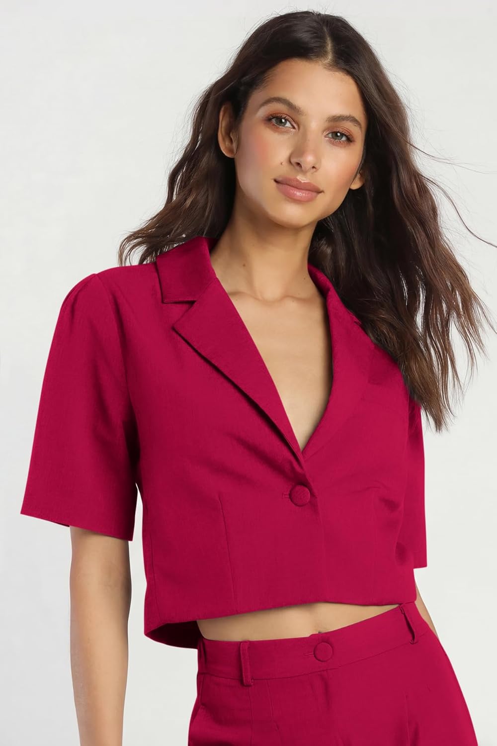 AGSEEM Pant Suits for Women Dressy Short Sleeve Cropped Blazer Jacket Wide Pantsuits Set Formal Summer Elegant Outfits,L Rose Red