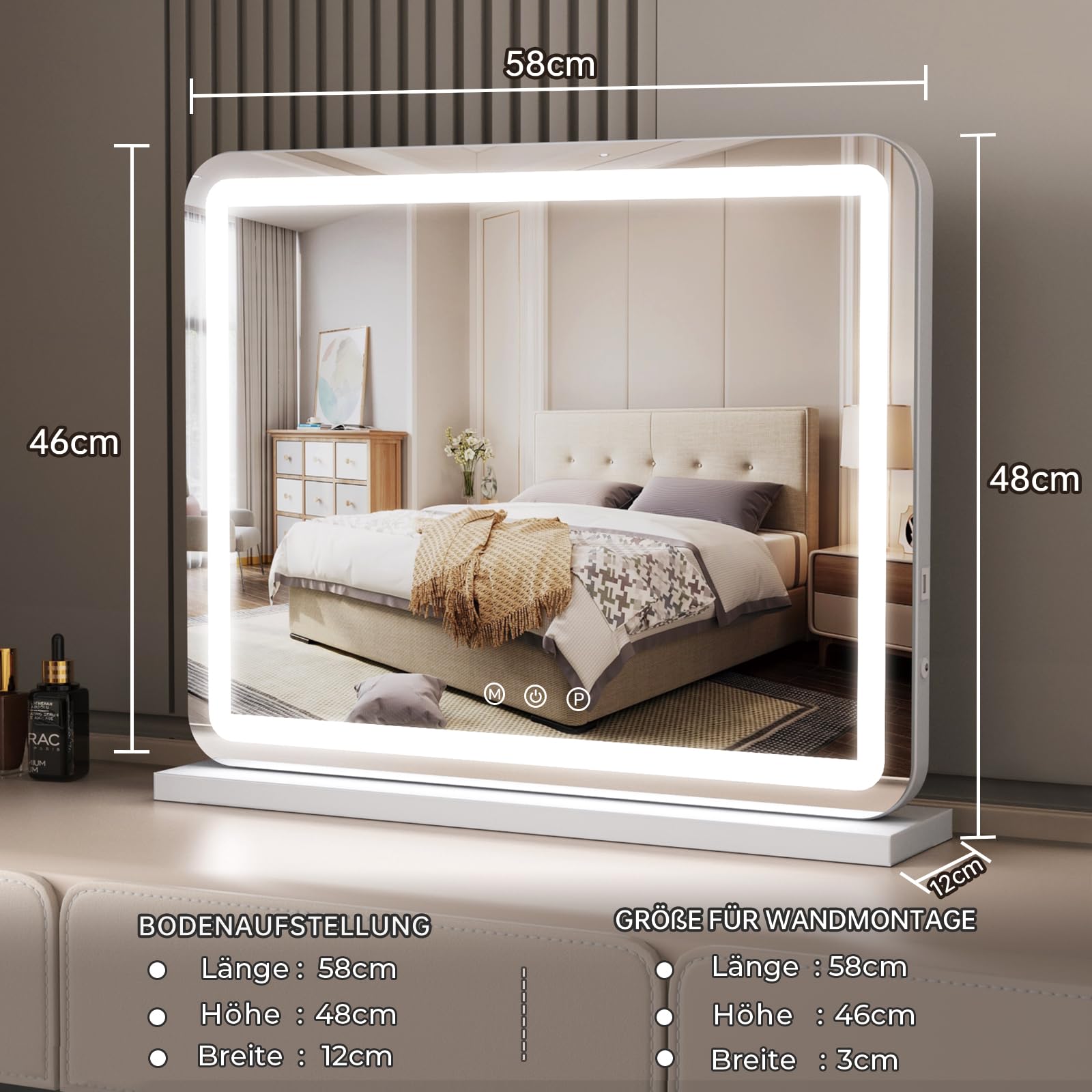 ZL ZELing Kosmetikspiegel mit Lichtern, 58,4 cm großer Make-up-Spiegel mit LED-Lichtern, Smart Touch, dimmbares 3-farbiges Licht, Memory-Funktion, USB-Ladeanschluss und Lupe