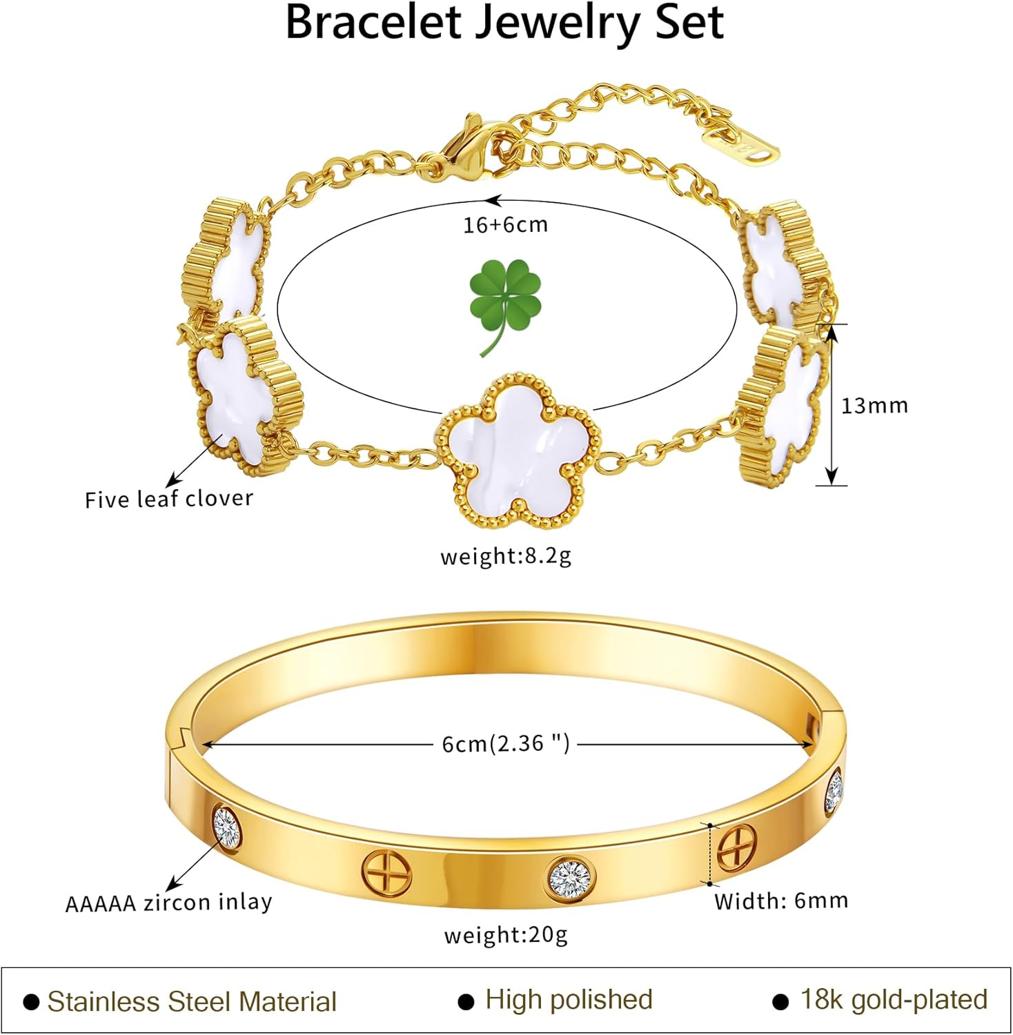 Stackable Gold Clover Bracelets for Women-2Pcs 18K Gold Plated Friendship Love Cubic Zirconia Lucky Five Leaf Link Bracelets Dainty Bangle Stack Jewelry Set Gifts for Christmas Valentines Wedding Couples Birthday - Image 2