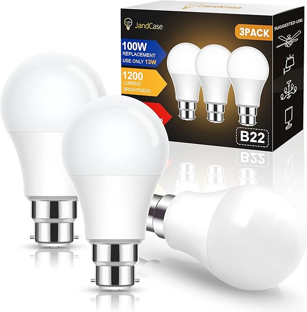 B22 Bayonet LED Light Bulb 100W Equivalent, JandCase 13W A60 Light Bulb Frosted, Ultra Bright 1200LM, Warm White 3000K, Equal to 100W Incandescent Bulb, B22 Energy Saving Bulb, Non-Dimmable, Pack of 3