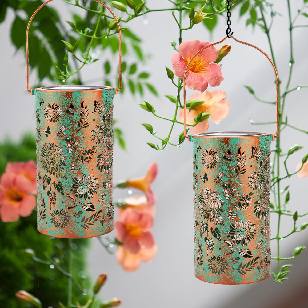 Solar Lanterns Outdoor Waterproof,Hanging Solar Lights for Garden Decor Outside,Sunflower Gifts for Women,Metal Lanterns Decorative Outdoor for Yard,Patio,Backyard,Porch-2 Pack