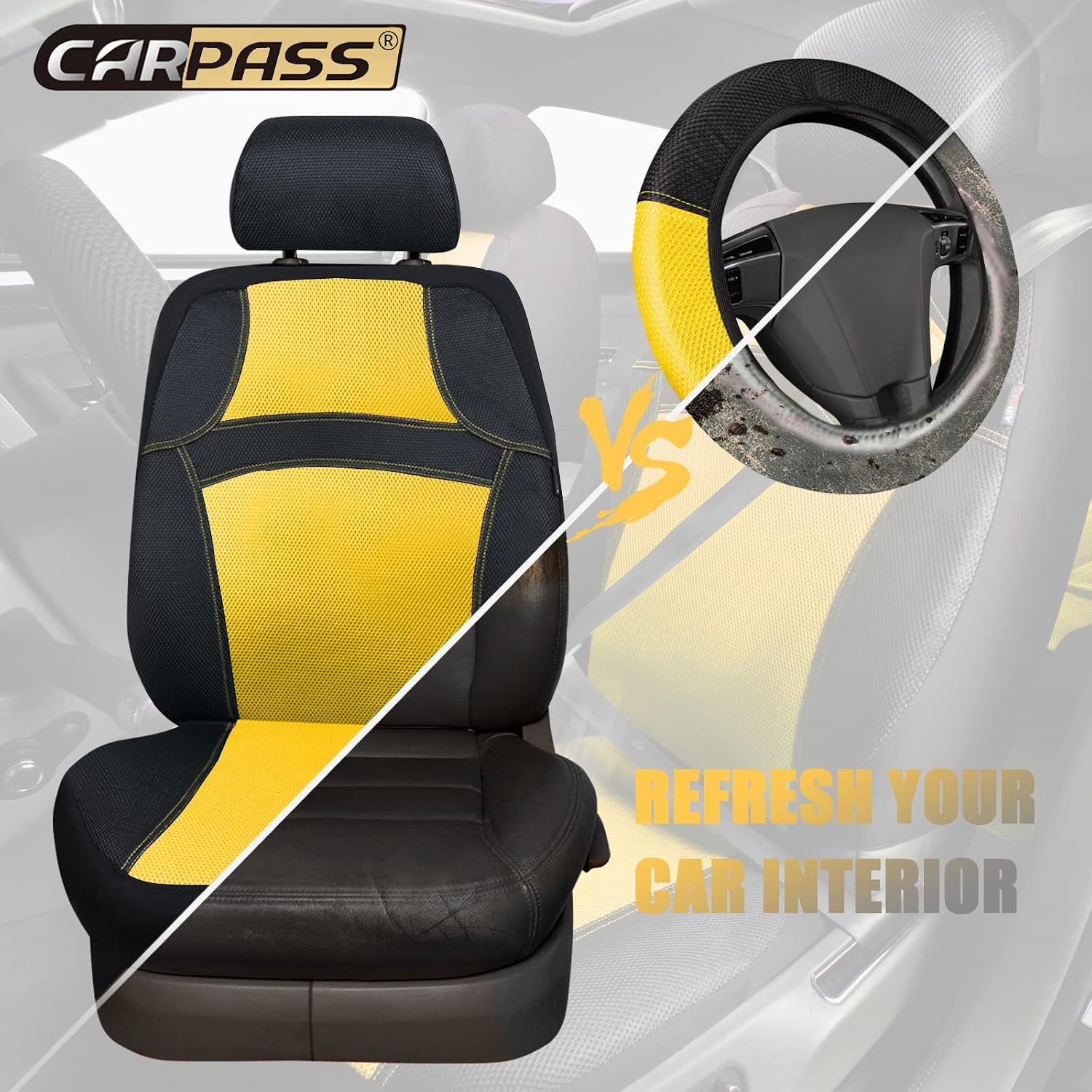 CAR PASS Universal 13PCS 3D Air Mesh-100% Breathable Seat Covers Full Sets#Steering Wheel&Belt Cover #Airbag and Rear Split Bench Compatible#for 90% Automotive SUV Truck Cute Women Black Yellow