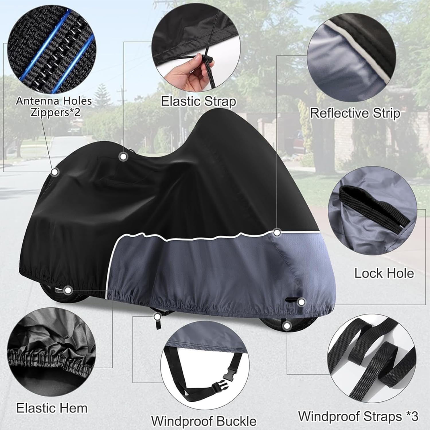 Trike Cover, Waterproof 3 Wheel Motorcycle Cover for Harley Davidson, Honda Goldwing, Kawasaki Trike Accessories, with Windproof Buckle, Reflective Strap, Black&Grey