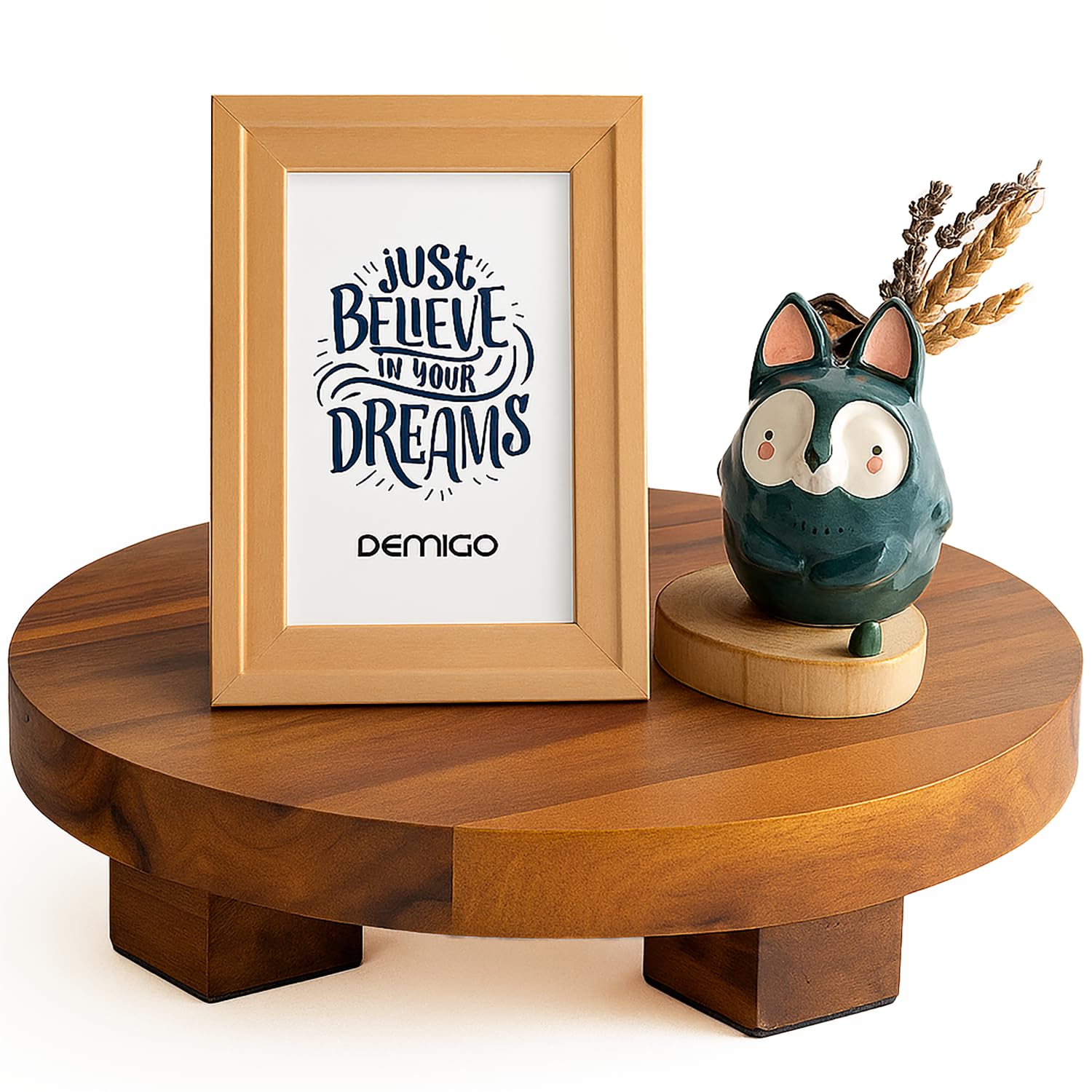 Demigo Round Acacia Wood Riser 9.5 inches - Footed Pedestal Display Stand for Plants, Candles, Soap, Kitchen & Bathroom Decor