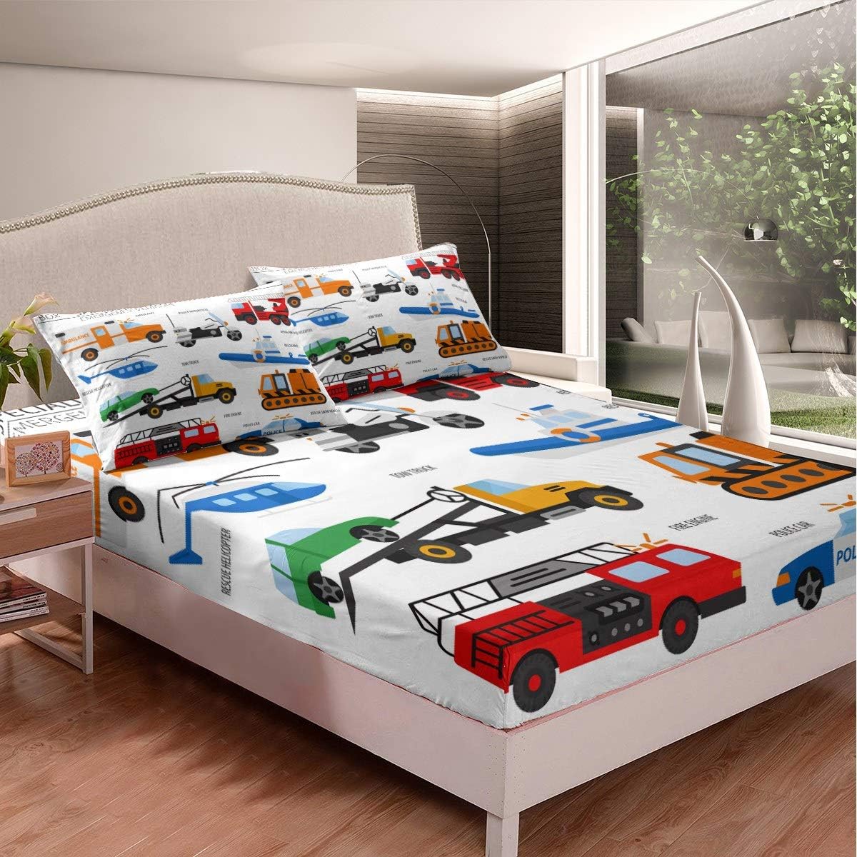 Boys Cartoon Car Bedding Set Fire Engine Fitted Sheet for