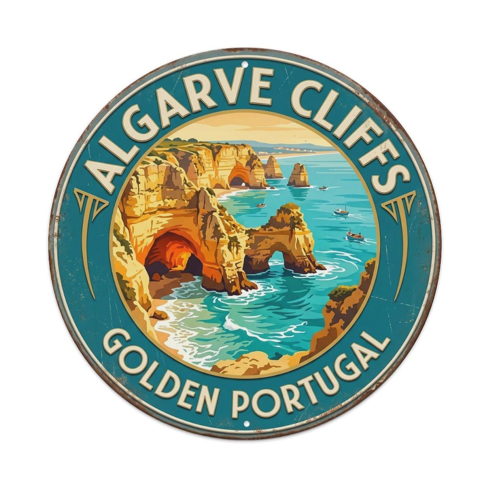 Algarve Cliffs Golden Portugal Coast Metal Tin Sign Plaque Wall Decor for Cafe, Club, Garden Round Metal Poster 8x8Inch