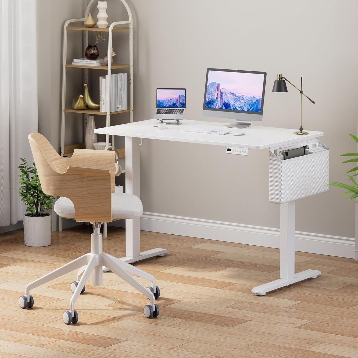 White Electric Sit To Stand Desk - 40 Inch Small Computer Desk Adjustable Height for Work Study Writing, Compact Sit Stand up Desks Table Workstation for Small Space Adult Boy Girl Home Office Bedroom