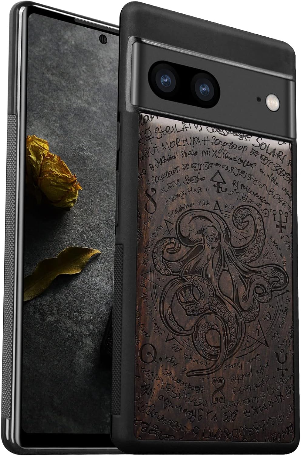 Carveit Wood Case for Pixel 7 Case [Natural Wood & Black Soft TPU] Shockproof Protective Unique & Classy Wooden Cover Compatible with Google Pixel 7 (Octopus-Blackwood)