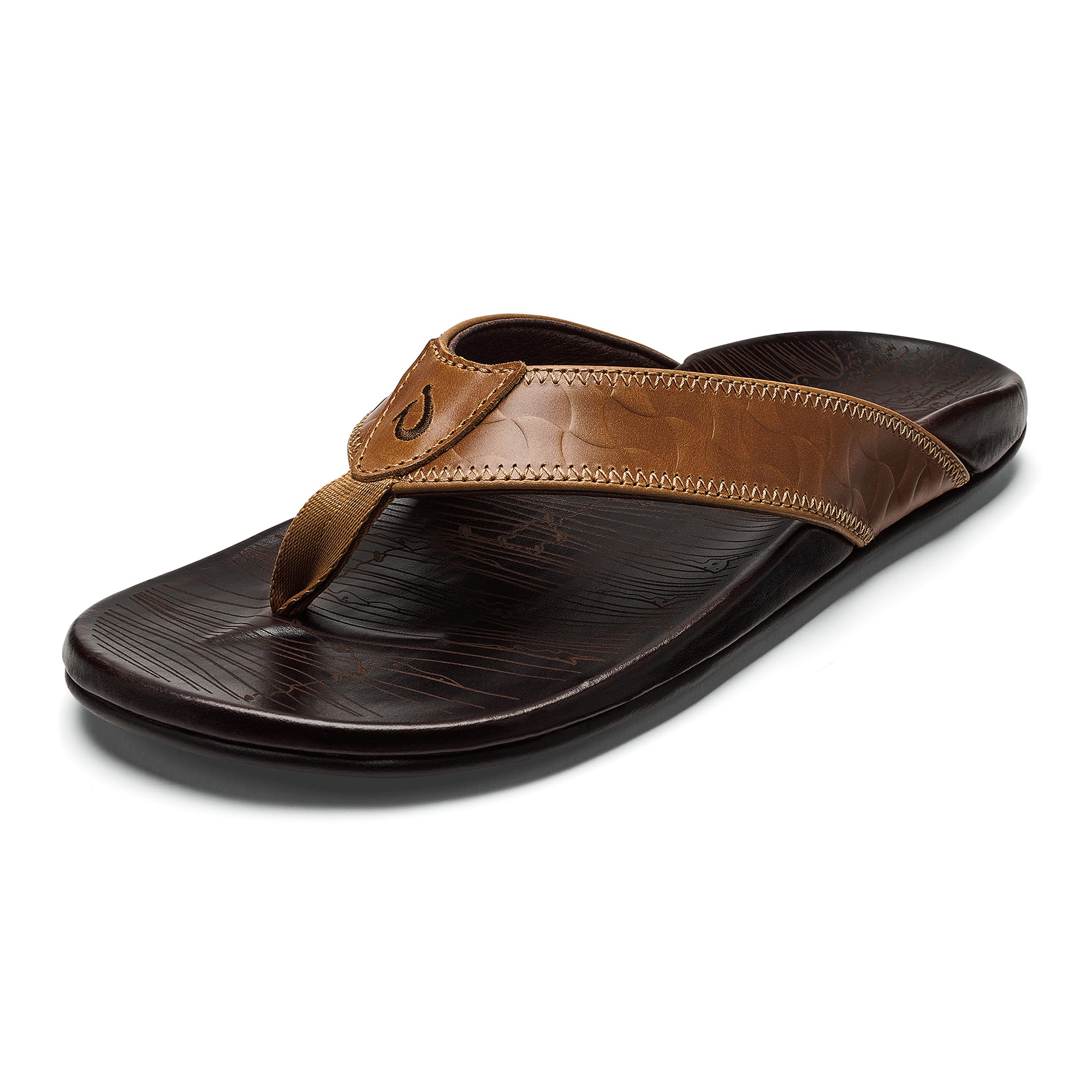 OLUKAI Hikianalia Mens Leather Sandal Full-Grain Leather Non-Marking Rubber Traction Pads Compression Molded Footbed