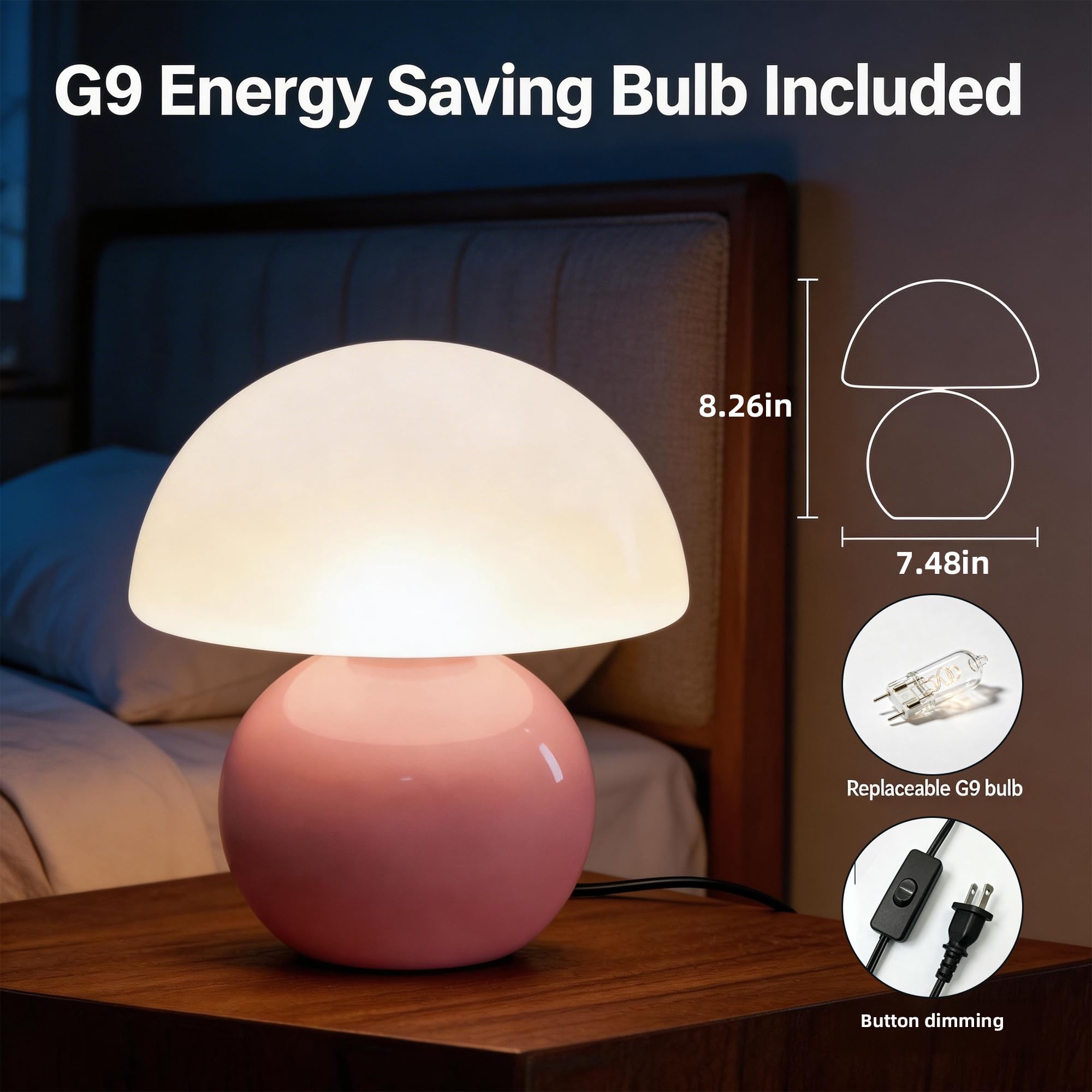 Led Dimmbar Tischleuchte Deko Wohnzimmer, Nachttischlampe Tischlampe, Schlafzimmer Tischlampen, Mushroom Bedside Table Lamp, Keramikbasis Glas Klein Nachtlampe（Pink）