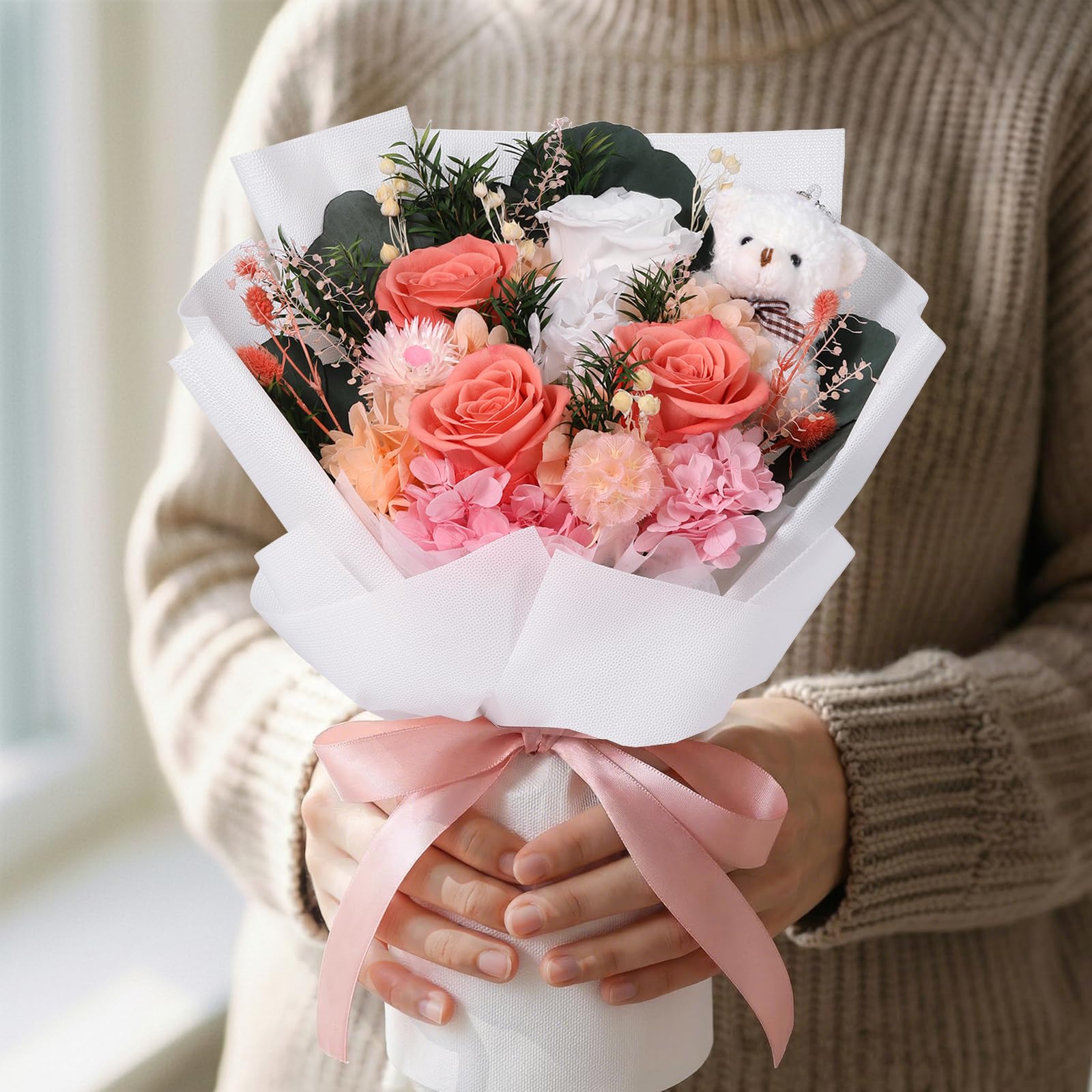 Emibele Flowers for Delivery Prime, Preserved Flowers Bouquets, Eternal Pink and White Roses with Bear, Valentines Mother's Day Birthday Anniversary Graduation Flower Gifts for Her Girlfriend Women