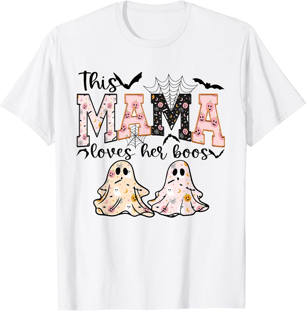 Halloween Mom 2 Kids This Mama Loves Her Boos Boy Girl Twins T-Shirt