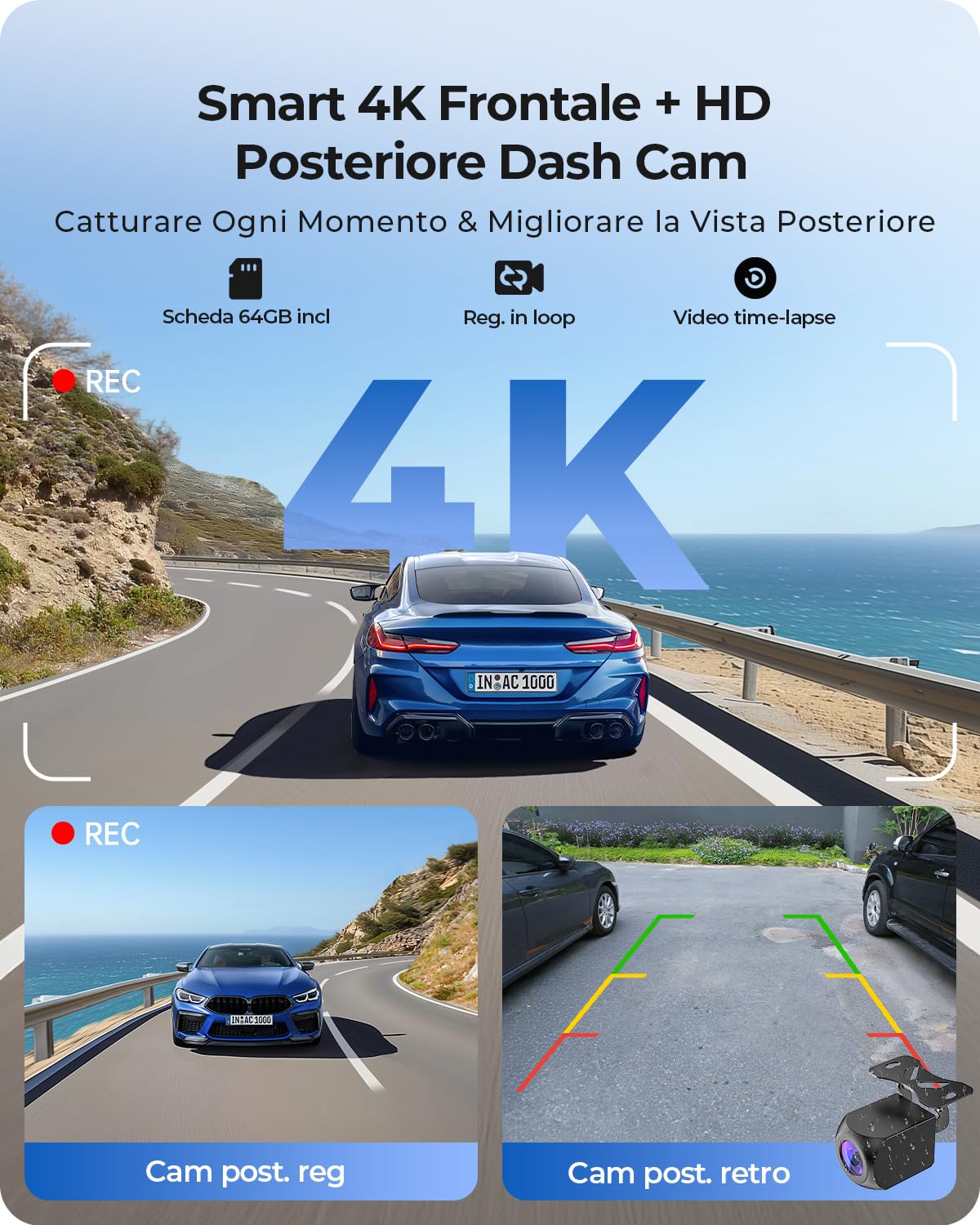 Schermo Auto Portatile 9,26" Wireless con Dash Cam Frontale 4K e Posteriore HD, Apple CarPlay, Android Auto, OTA, Mirror Link, Bluetooth 5.0, Controllo Vocale, GPS, FM