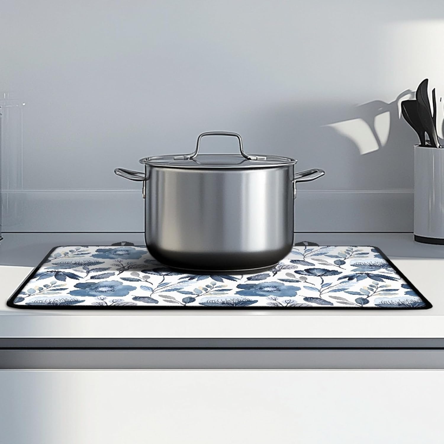 Navy Blue Watercolor Floral Stove Top Cover 28 x 20 Inch Blooming Flower Heat Resistant Glass Cooktop Covers for Electric Stove Vintage Flowers Washable Countertop Mat for Kitchen Home Decor